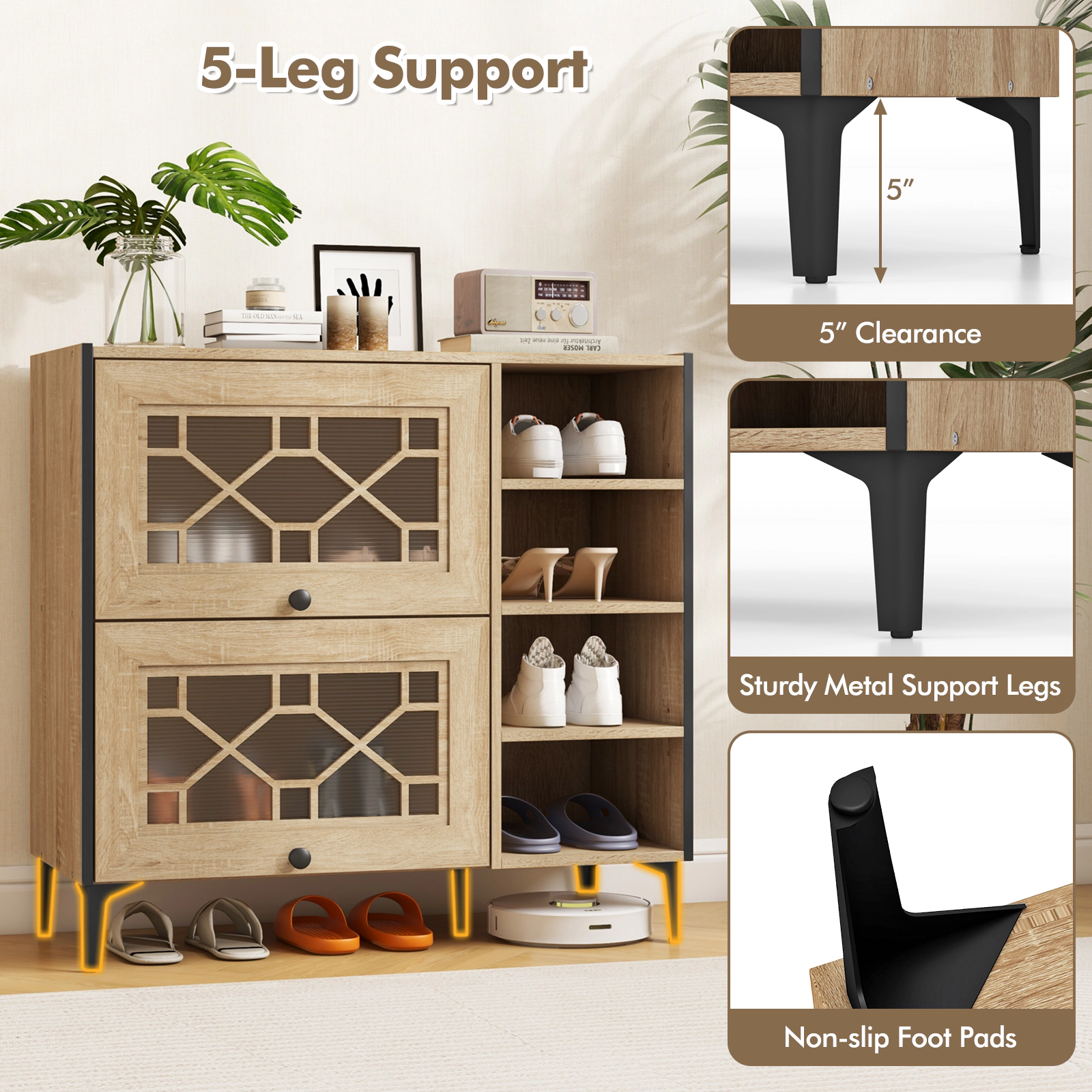 SUGIFT Oak 35.5-in Entryway Shoe Cabinet with Flip-Up See-Through Doors and 4 Open Storage Shelves
