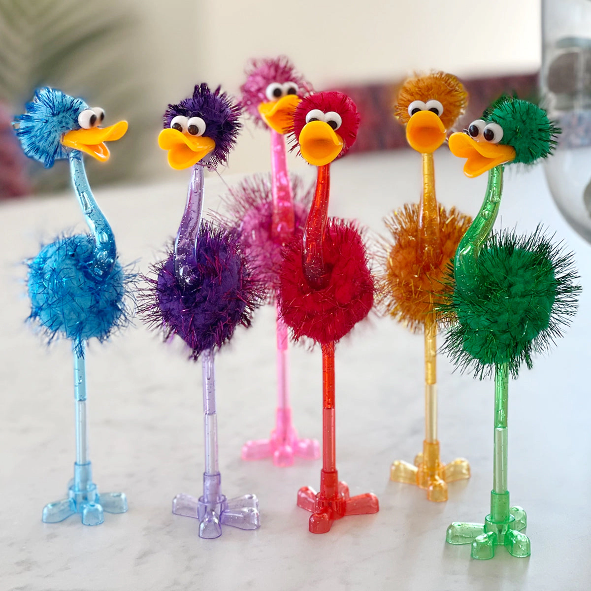 Wrapables Ostrich Ballpoint Pens, Novelty Office Pens and Party Favors, Set of 6