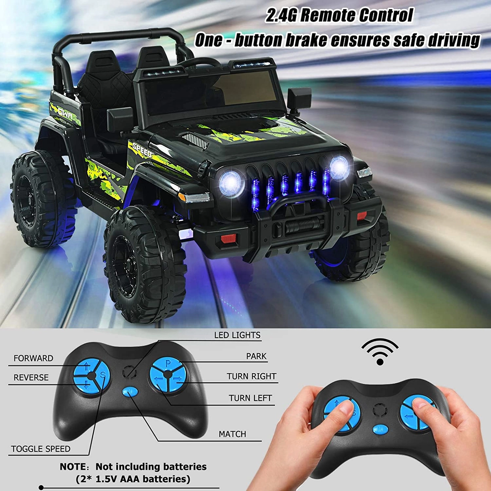 12V Kids Ride on SUV Car Black Green 2.4G Remote Spring Suspension Ages 3+ 77-lb Capacity
