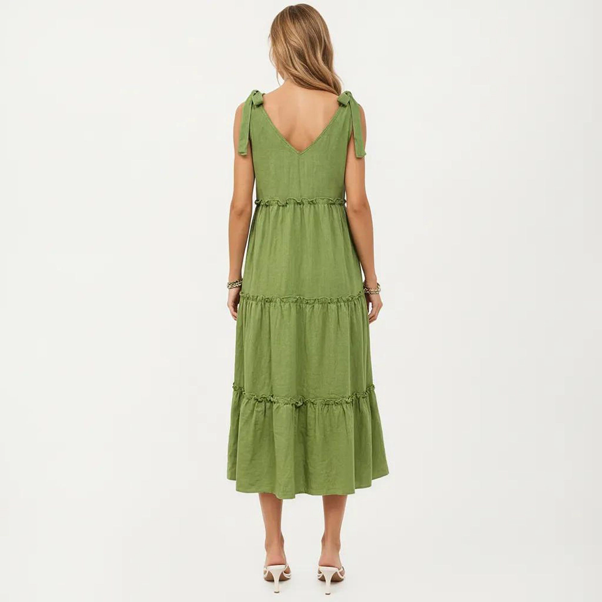 Anna-Kaci Women's Sleeveless Tiered V Neck Shoulder Tie Detail Midi Dress