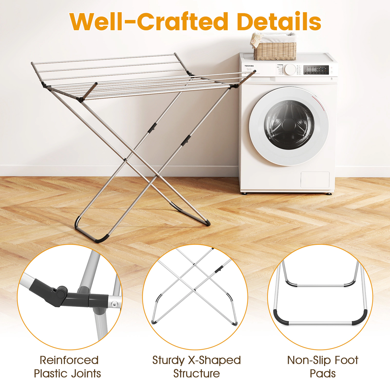 SUGIFT Silver Folding Aluminum Clothes Drying Rack with 2 Side Wings 14 Rods and 60-ft Hanging Space