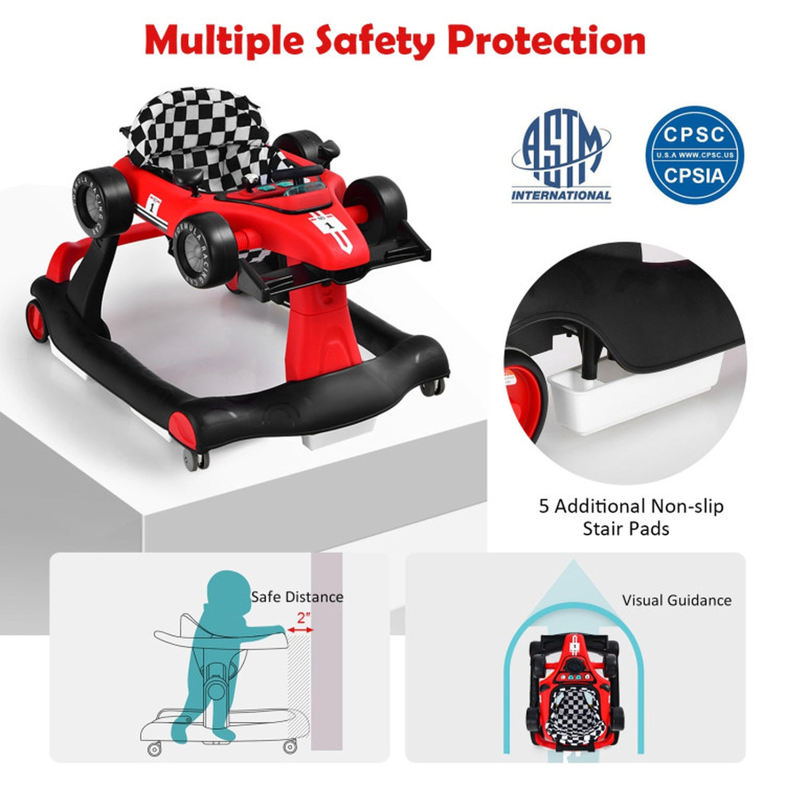 SUGIFT 4-in-1 Foldable Activity Push Walker with Adjustable Height 25-lb Capacity Ages 6-18 Months 29-in Frame Red