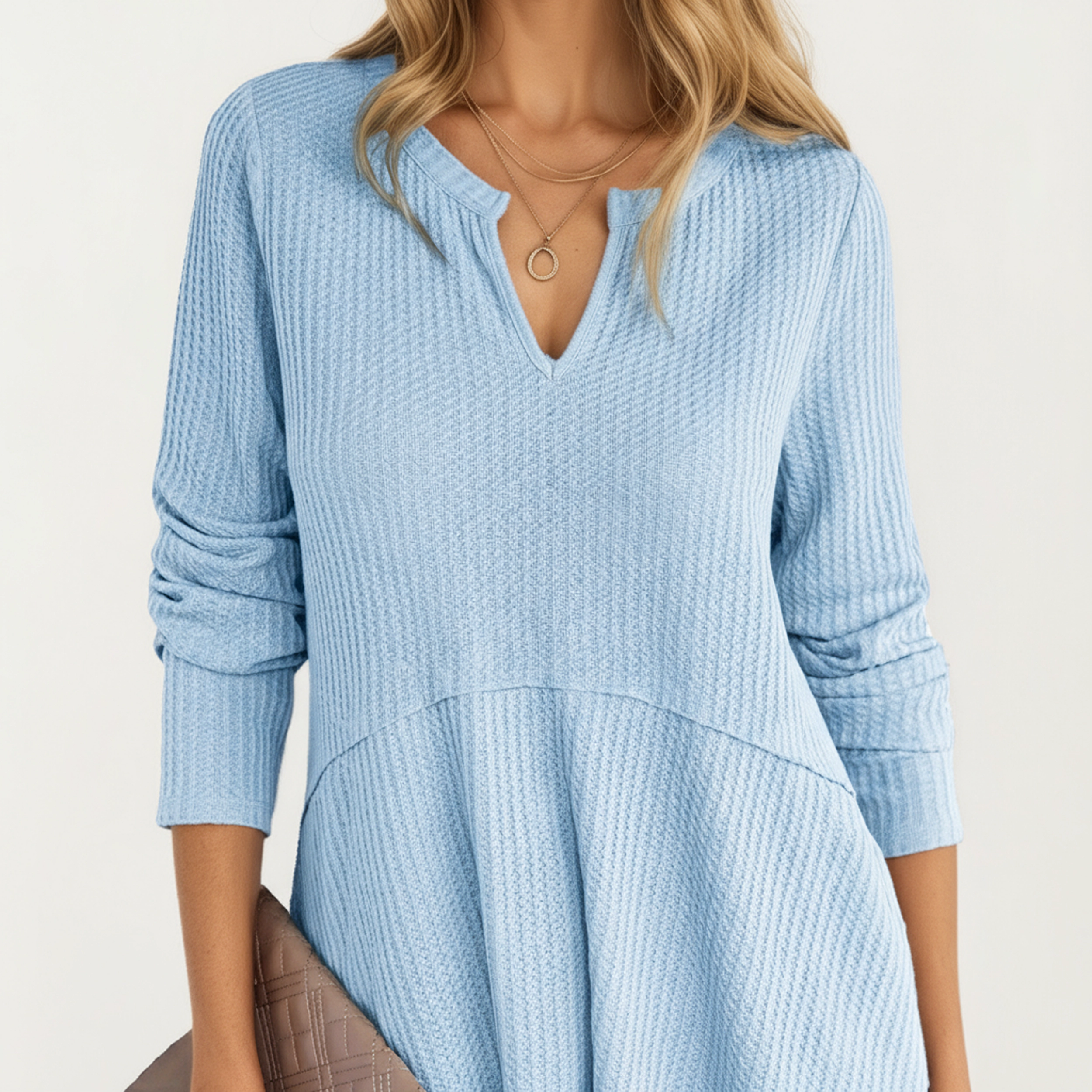 Anna-Kaci Women's Waffle Knit Tunic Top with Split Neck and Relaxed Hem