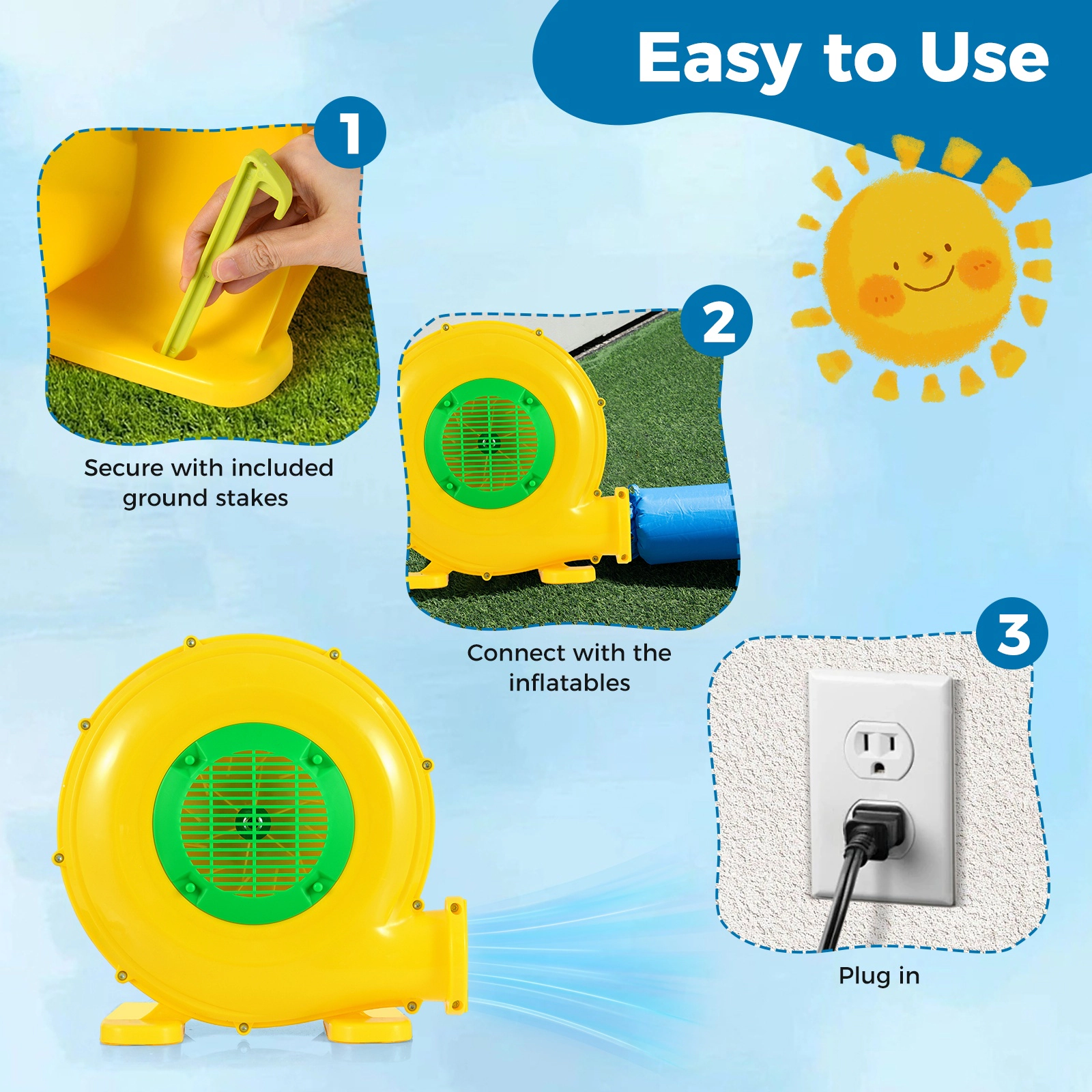 SUGIFT 610W Electric Air Blower for Bounce Houses with 4-in Air Outlet Yellow and Green