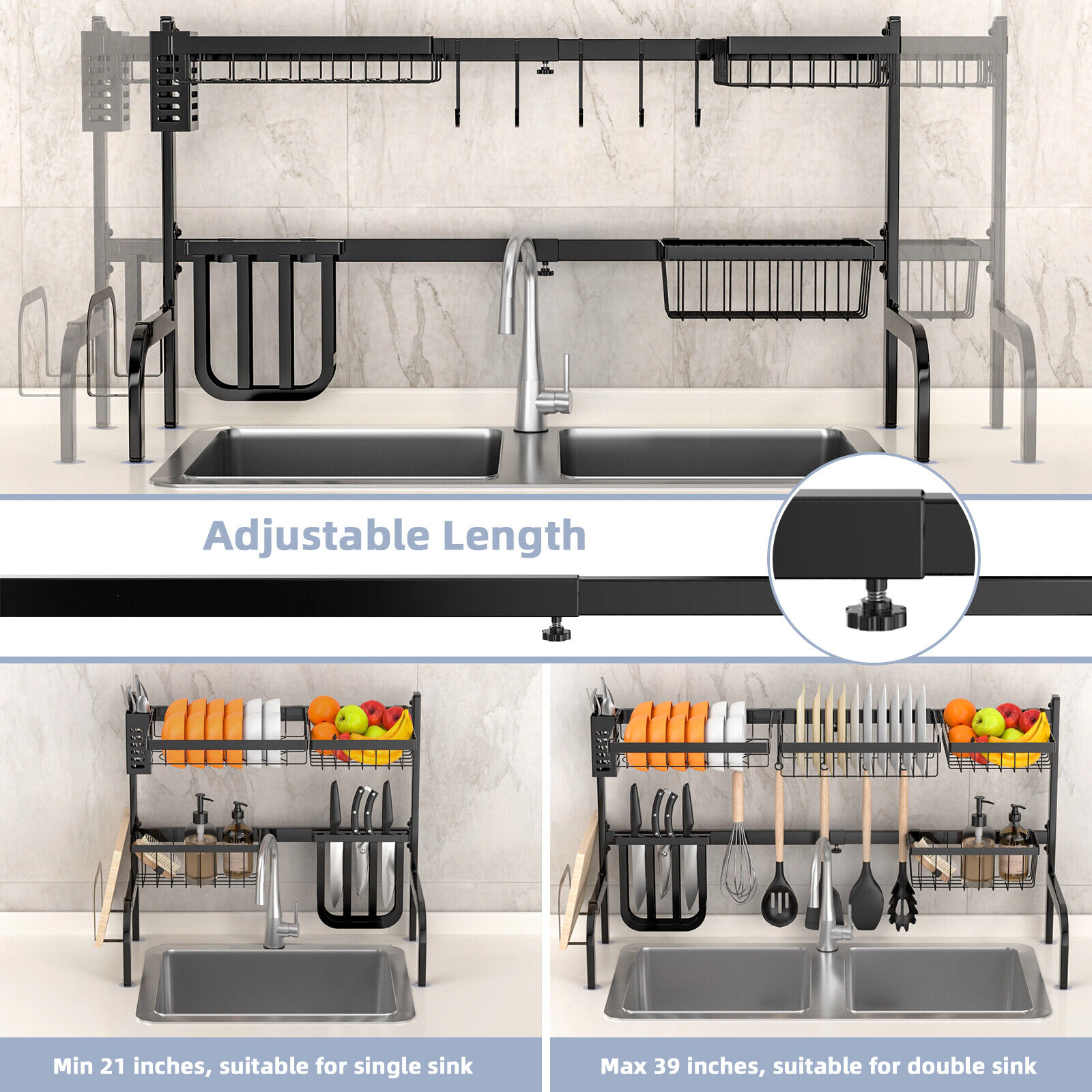 SUGIFT 2-Tier Adjustable Over Sink Dish Drying Rack 4 Baskets 5 Hooks 110-lb Total 22-lb per Basket 21-39-in Wide Black