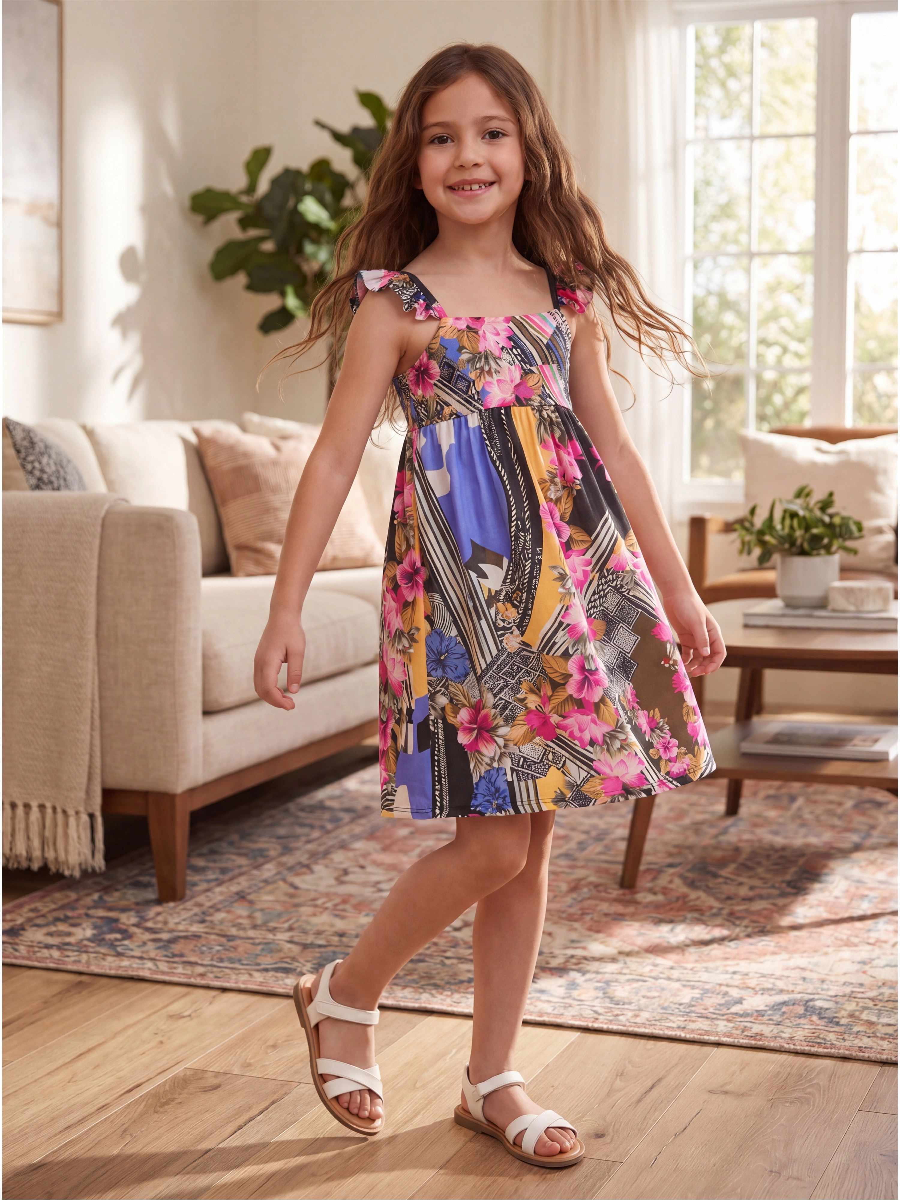 24sevenKid Essential Girls Pink Floral Print Empire Waist Sleeveless Dress