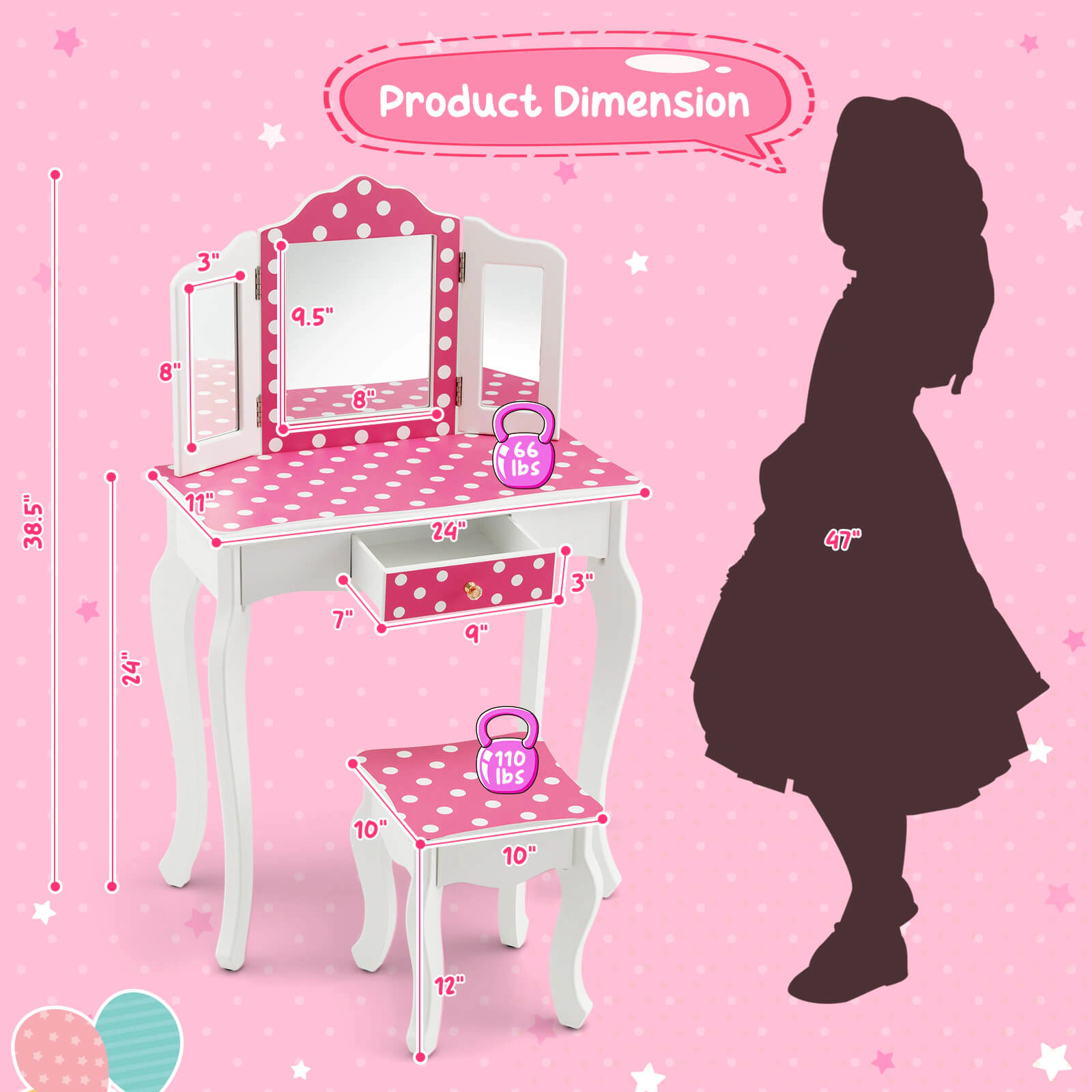 SUGIFT Pink Tri-Folding Mirror and Polka Dot Print Kids Vanity Table and Stool Set