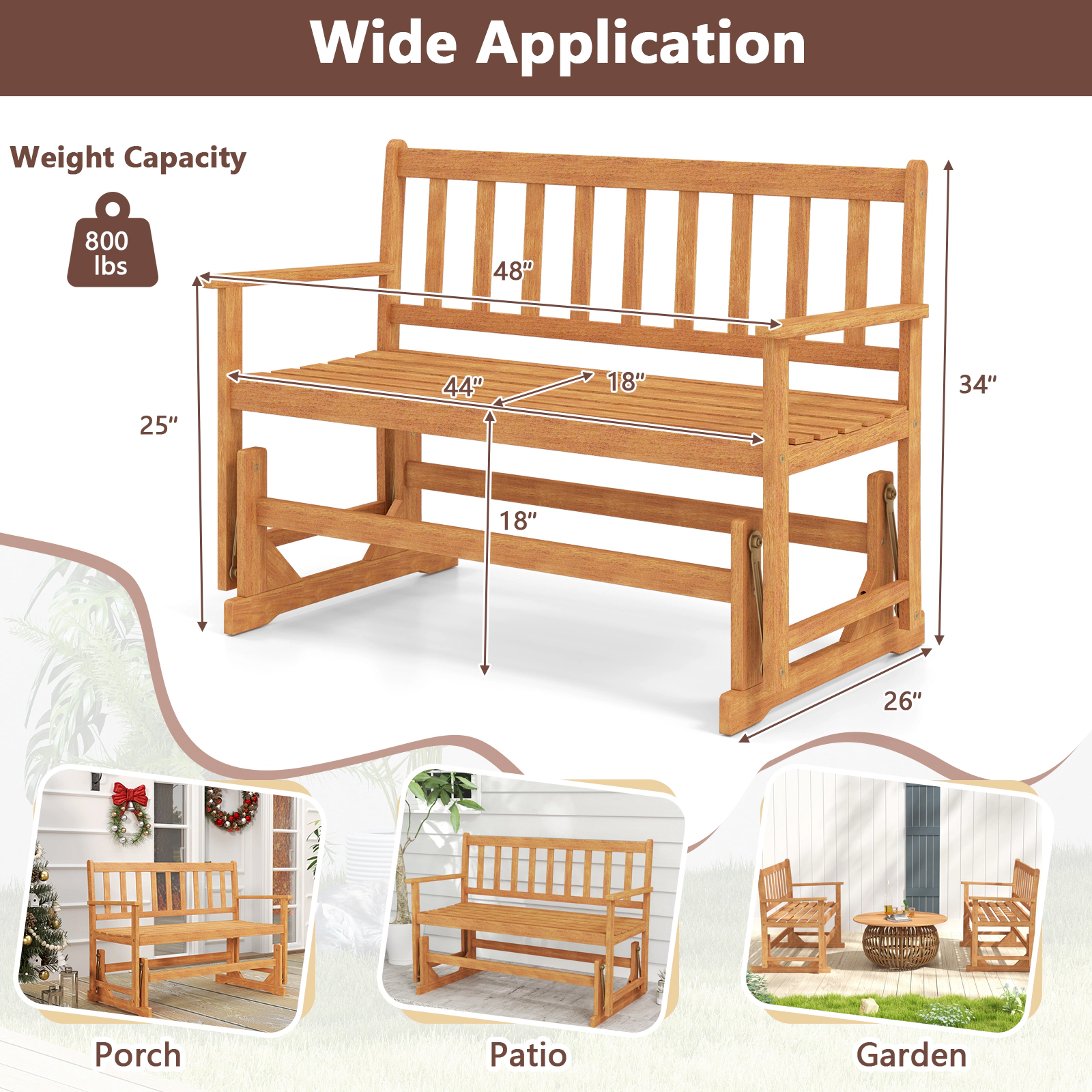 SUGIFT Natural 2-Person Patio Swing Rocking Loveseat Outdoor Acacia Wood Glider Bench