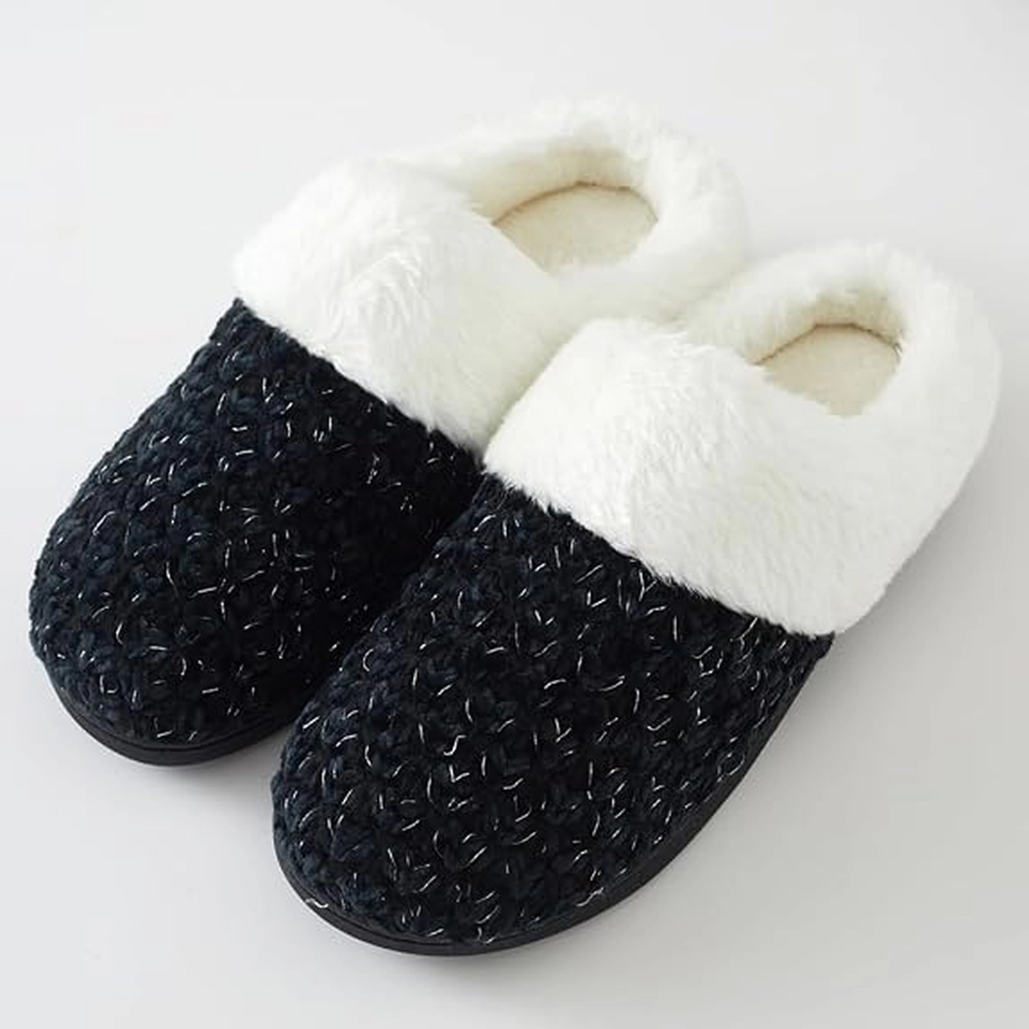 Roxoni Women's Knit Memory Foam Clog Slippers with Plush Faux Fur Collar