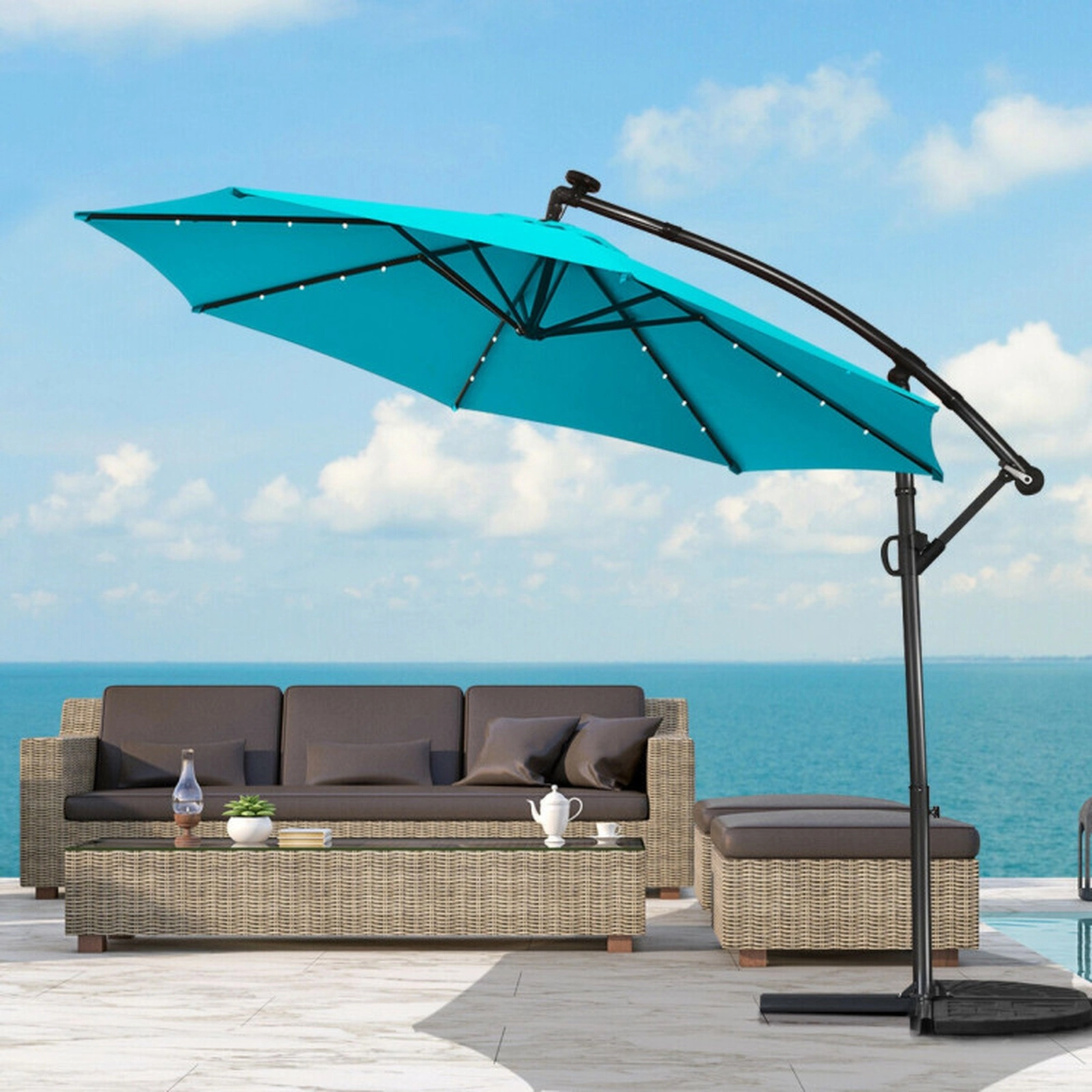 SUGIFT Solar Powered LED Patio Offset Umbrella with 360° Rotation and 32 Lights 10-ft Canopy Turquoise