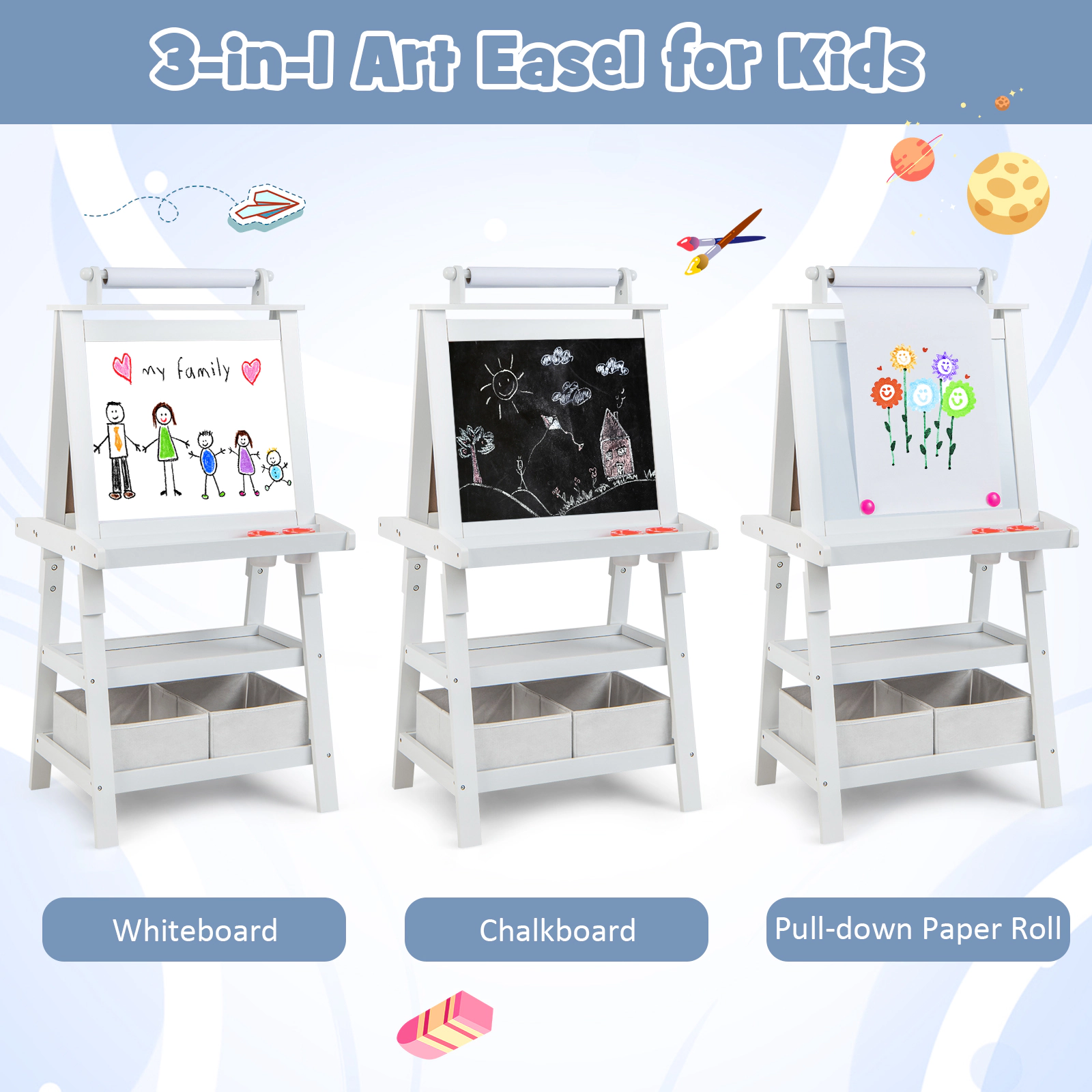 3-in-1 Double-Sided Storage Art Easel for Kids 2-Tier Shelves 2 Fabric Bins No-Spill Paint Cups Paper Roll White