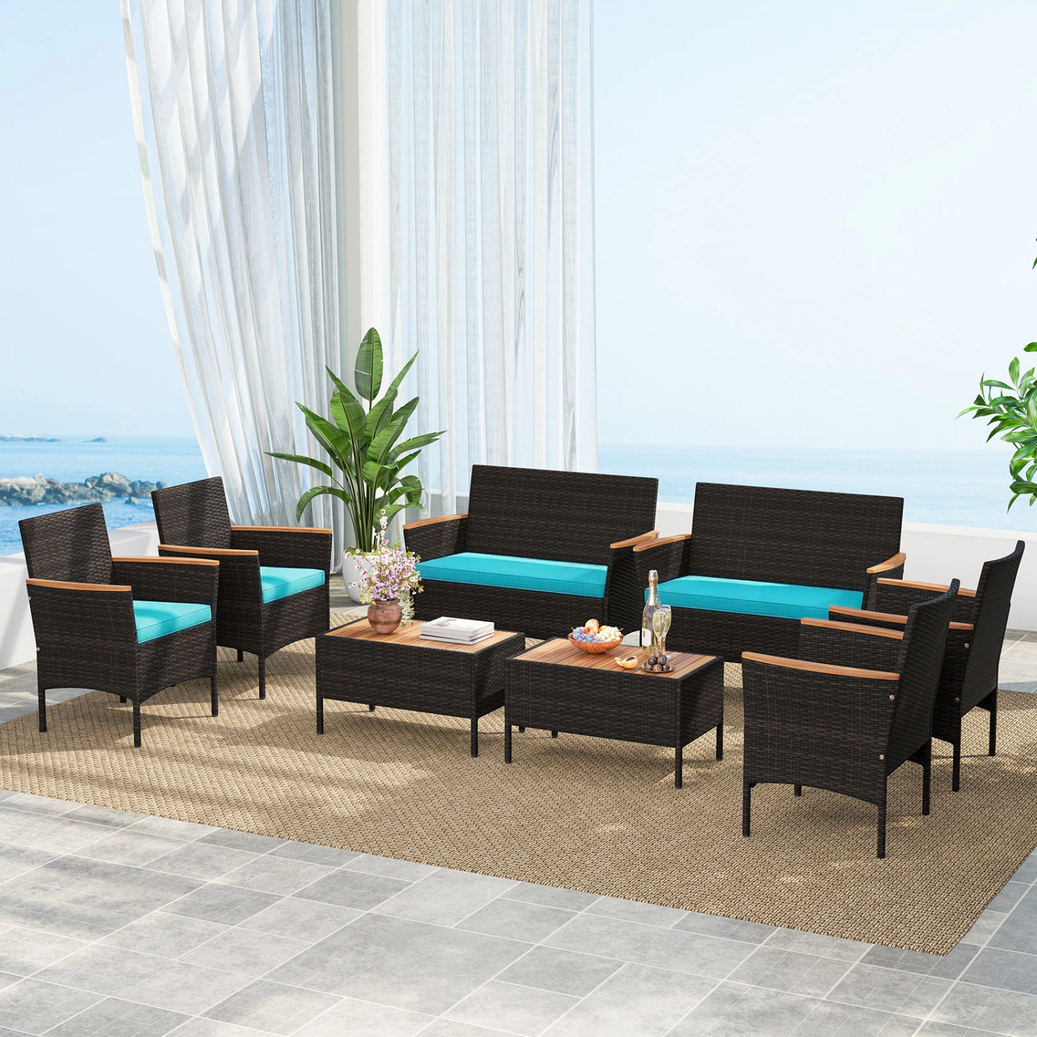 LJG 8 Piece Patio Wicker Sofa Set 4 Rattan Chairs and 2 Loveseat with 2 Table