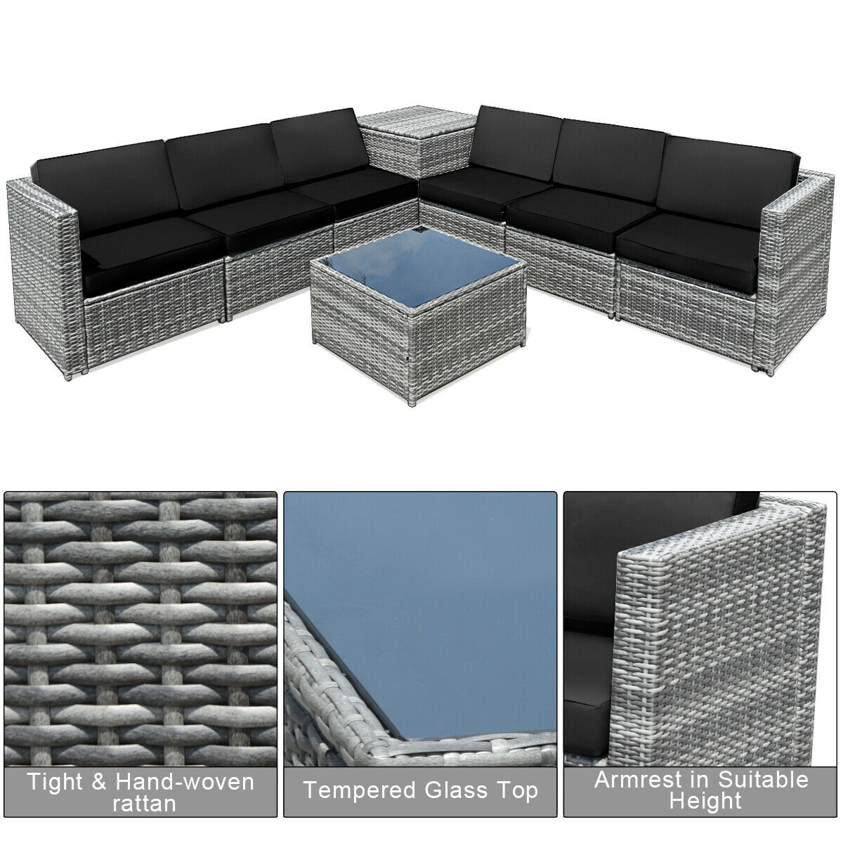 LJG 8 Piece Wicker Sofa Rattan Dining Set Patio Furniture with Storage Table