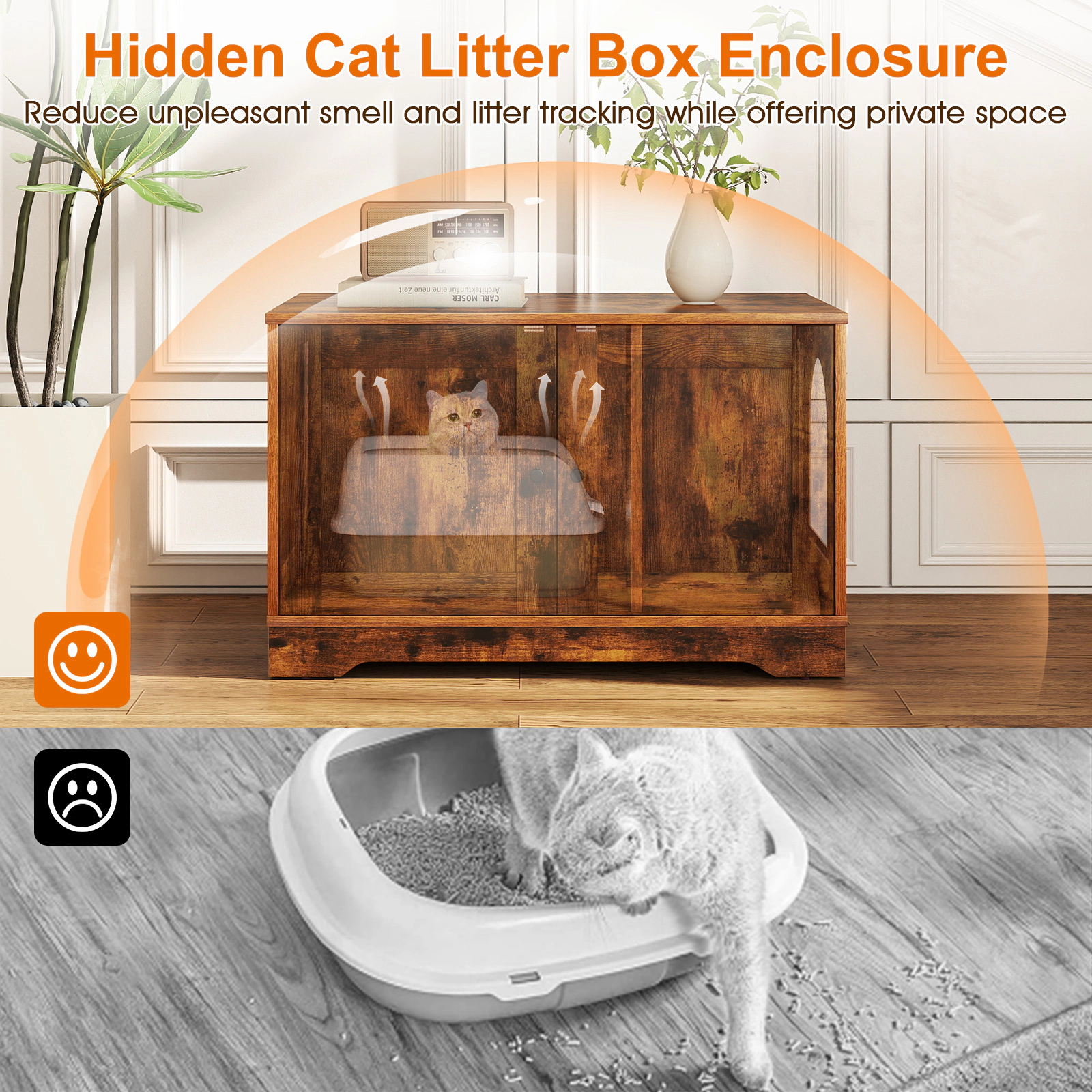 SUGIFT Cat Litter Box Enclosure Furniture Wooden Cat House Side Table 110-lb Tabletop Capacity 88-lb Interior Capacity