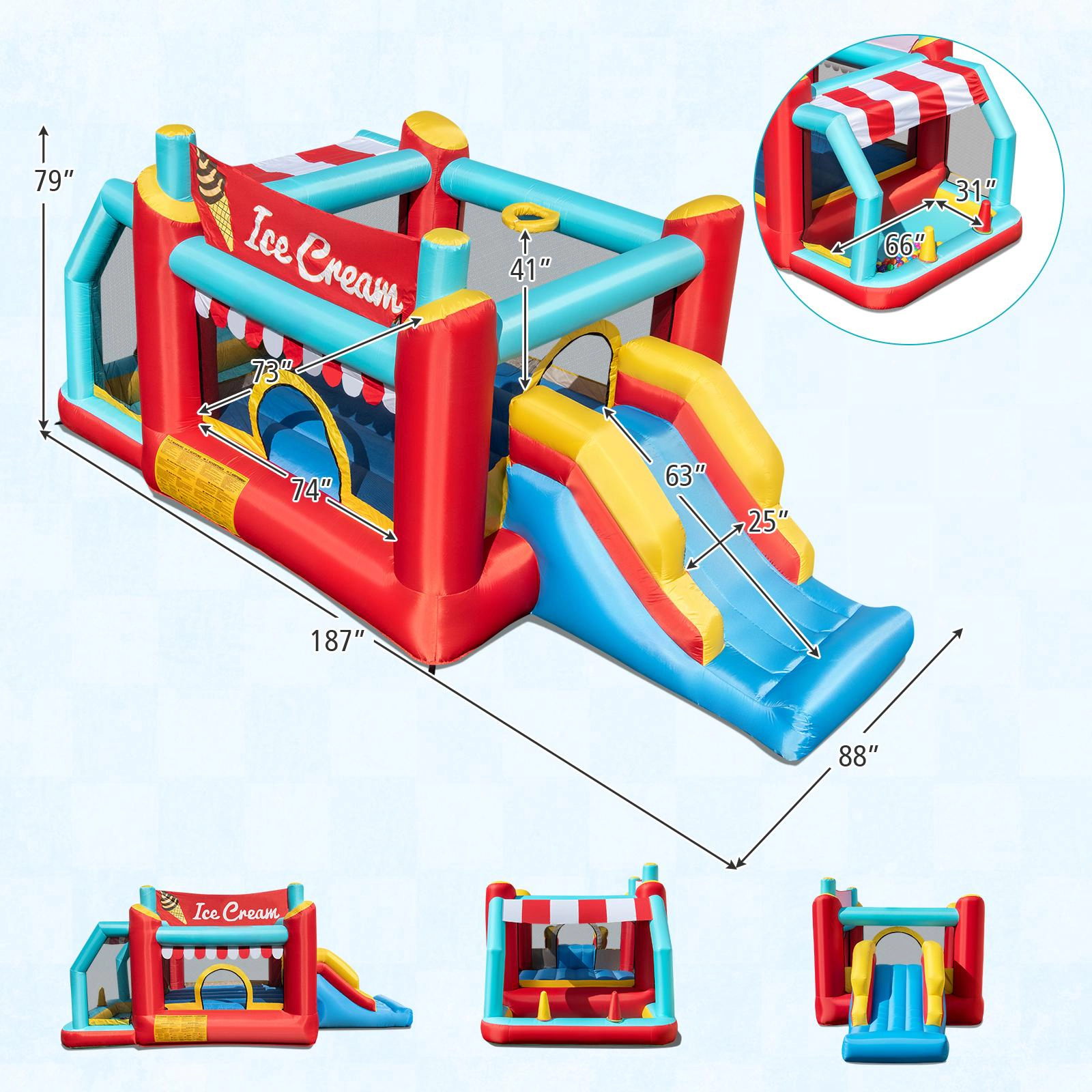 SUGIFT 5-in-1 Ice Cream Inflatable Bounce House with Slide and Ball Pit 100-lb Capacity Ages 3-10 Red/Blue/Yellow