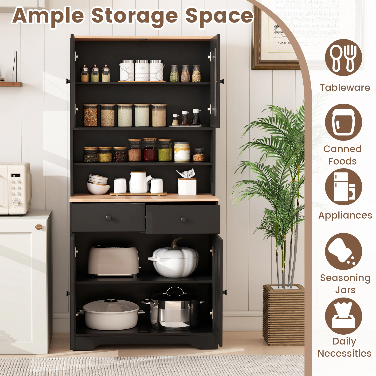 SUGIFT Pantry Storage Cabinet with 2 Shelves and Glass Doors 67-in Tall Sideboard with Drawers and Countertop Black