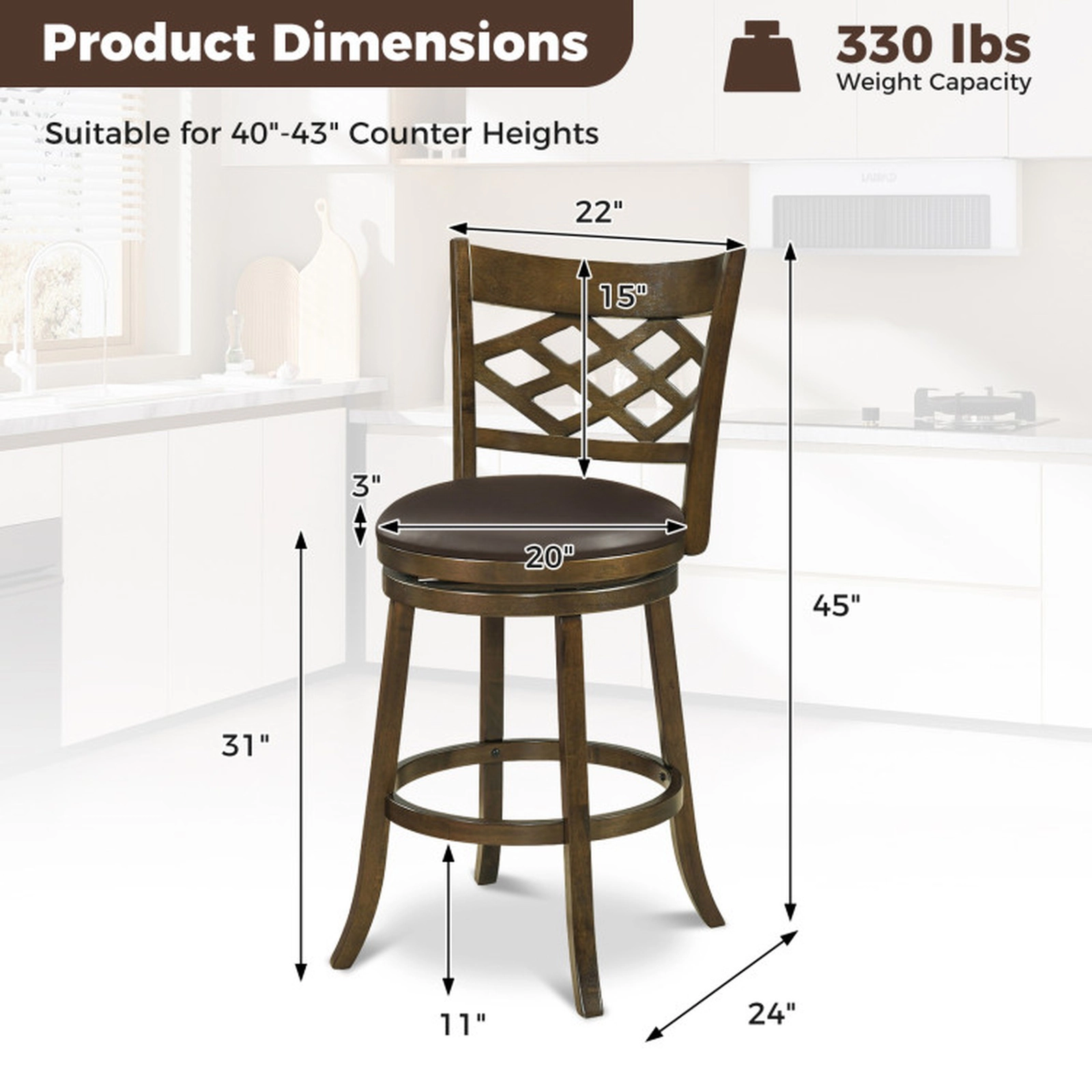 SUGIFT Round PVC Leather Seat and Rubber Wood Frame Set of 2 Brown Swivel Bar Stools