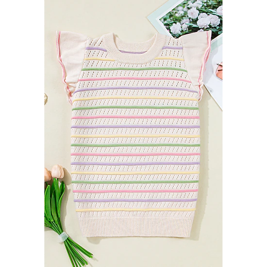 Threaded Pear Women's Annalise Striped Eyelet Ruffled Sleeve Sweater