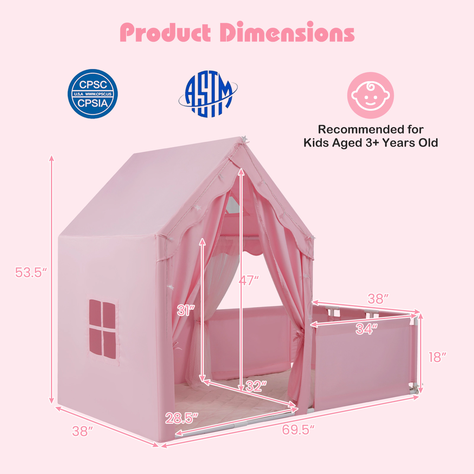 Kids Play Tent with Playpen 2-in-1 Indoor Playhouse with Attached Play Yard Star Light String Washable Mat 2 Doors Pink