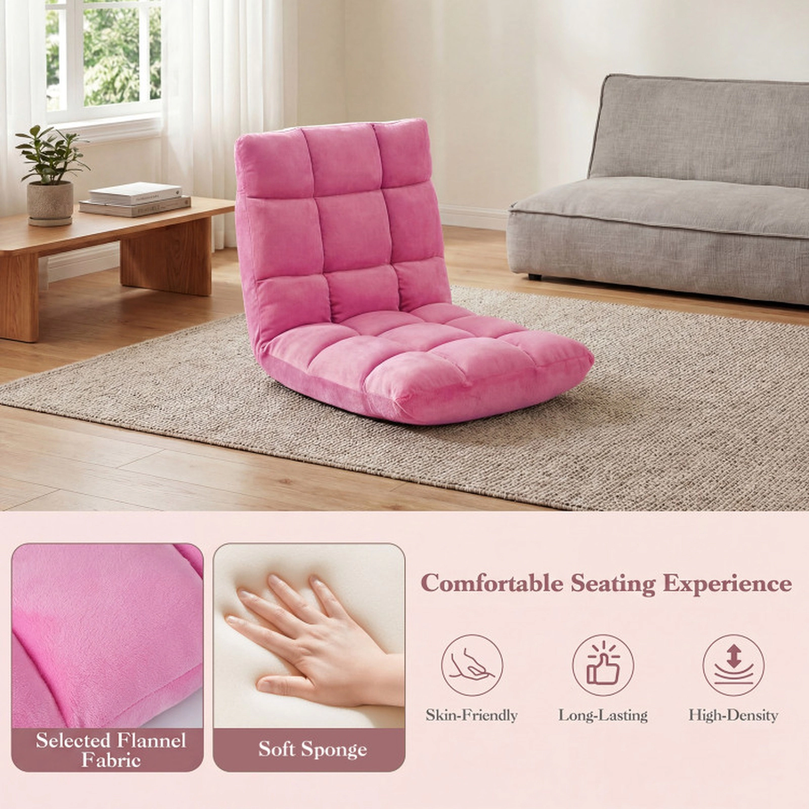 SUGIFT 14-Position Adjustable Backrest Padded Flannel Folding Floor Chair 41.5-in x 22-in x 6-in 200-lb Capacity Pink