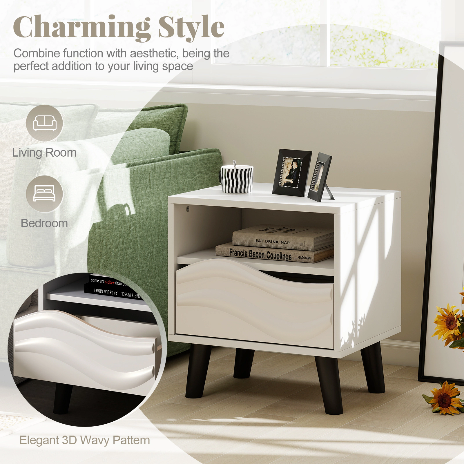 Glintex Mid-Century Nightstand with 3D Wavy Drawer Front and Open Shelf, White