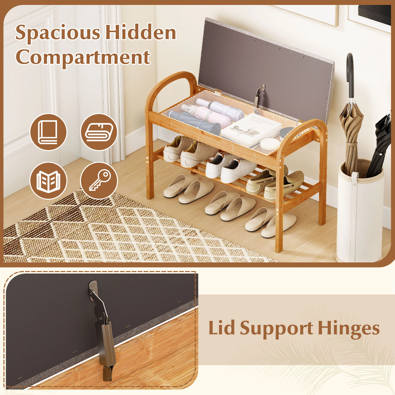 Glintex 2-Tier Bamboo Shoe Bench with Hidden Compartment and Lid Support Hinges, Gray