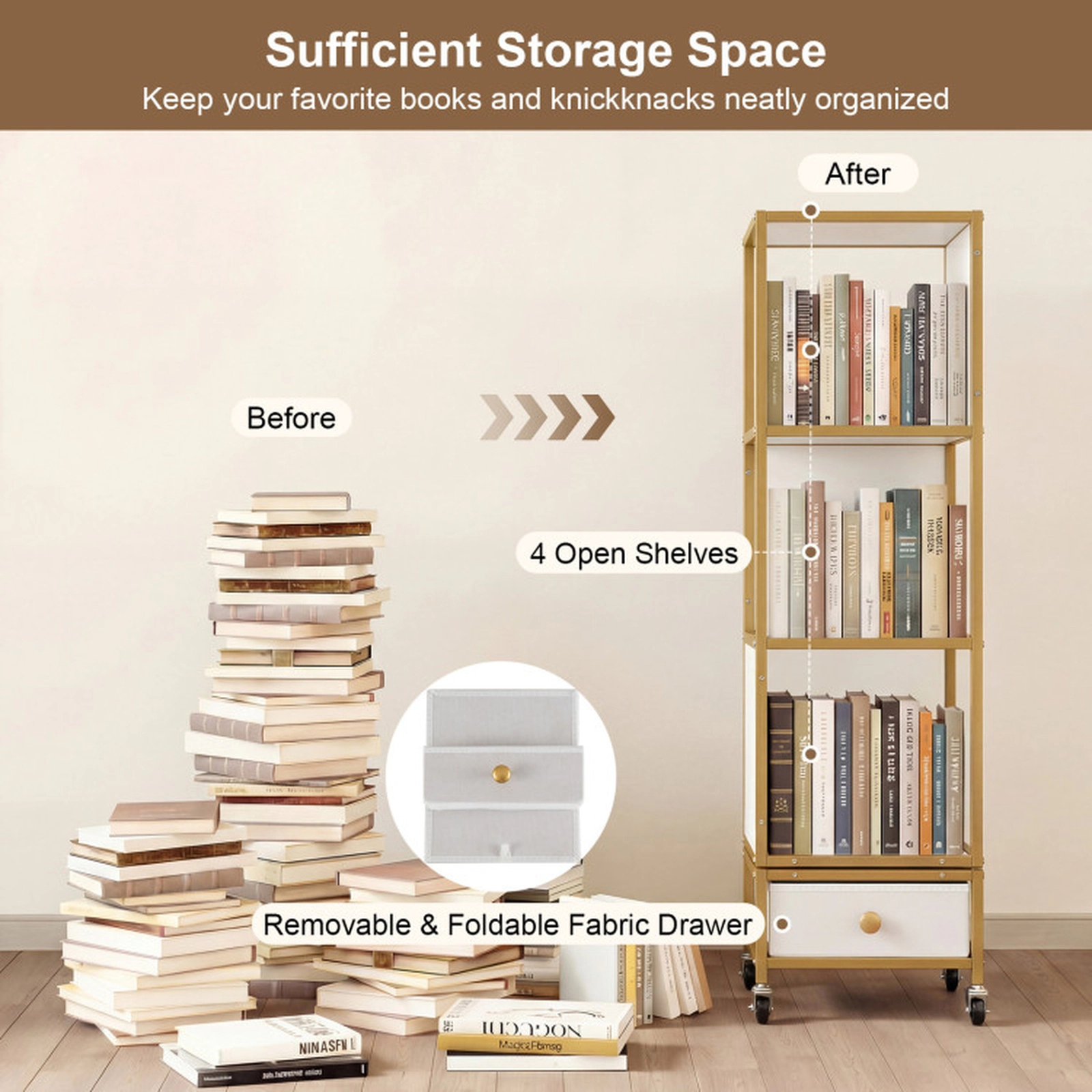 SUGIFT 4-Tier Rotating Bookshelf on Wheels with 44-lb Shelf Capacity Removable Drawer White Gray Black Golden