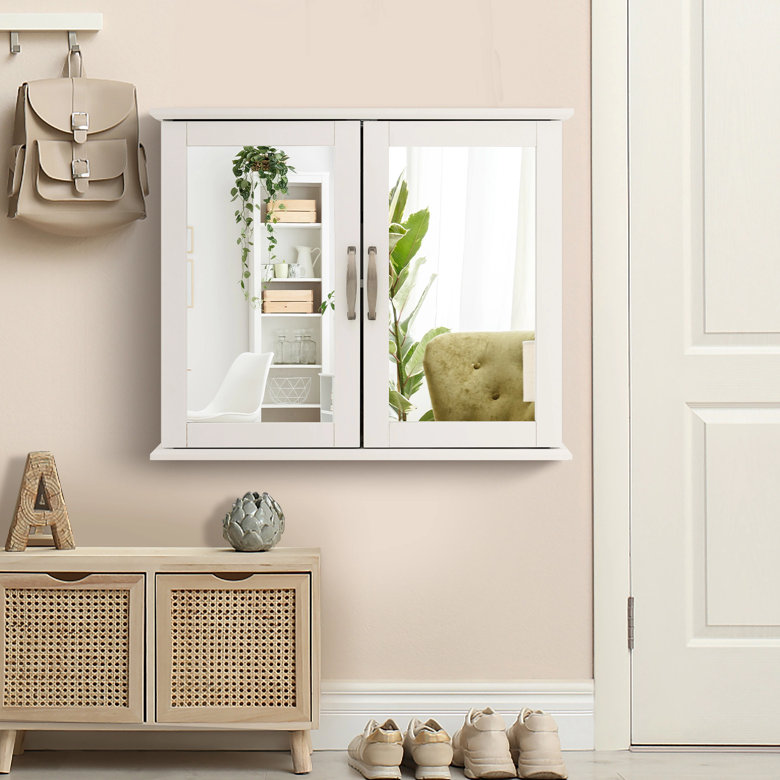 Slickblue Wall Mounted Bathroom Mirror Cabinet with Double Doors and Interior Storage