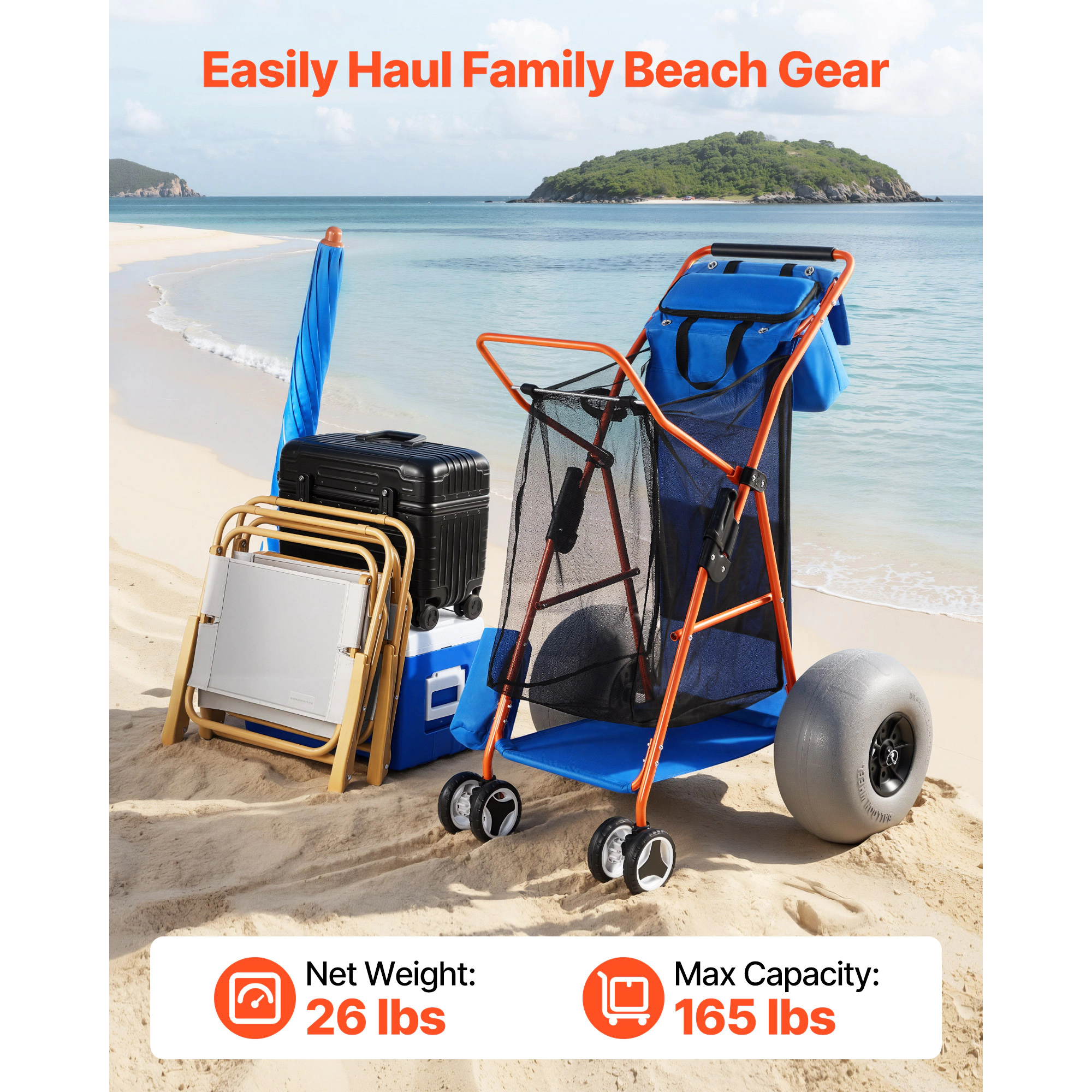 HONGGE Heavy Duty Folding Sand Cart with 12" Balloon Wheels for Beach Camping, 165 lbs Load Capacity