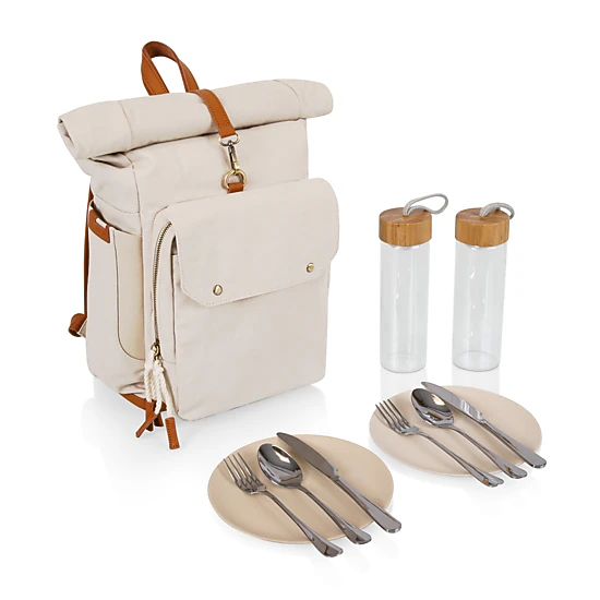 PICNIC TIME Carmel Roll Top Picnic Backpack Cooler with Utensil Set & Glass Water Bottles