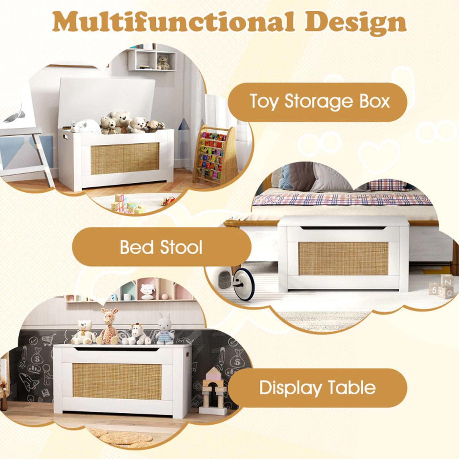 SUGIFT Kids Rattan Toy Storage Box with Flip Top Lid Safety Hinge 66-lb Top 33-lb Interior White Natural