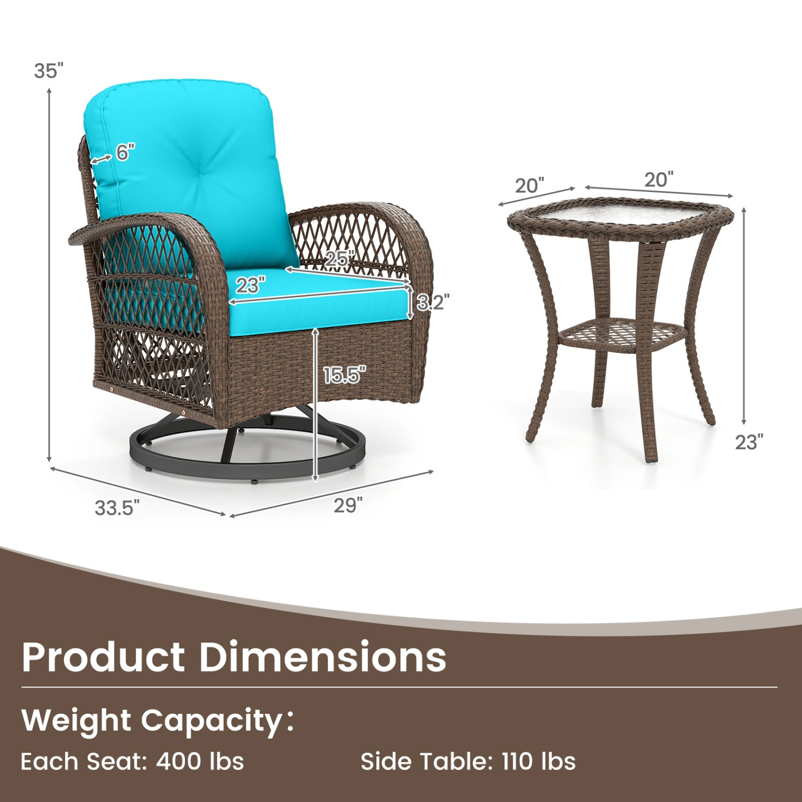 SUGIFT 3-Piece Turquoise PE Rattan Swivel Rocker Chair Set with Tempered Glass Table, 400 lb Capacity