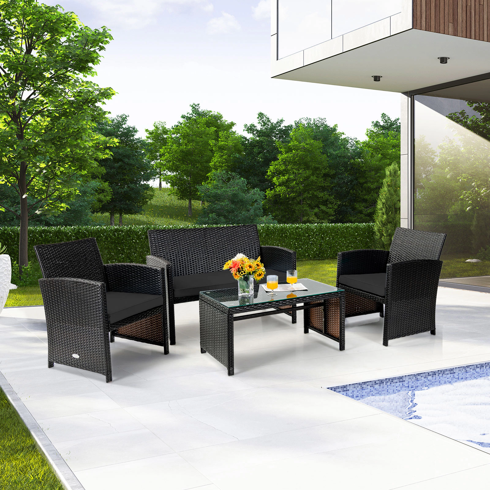 SUGIFT 4-Piece Brown Rattan Patio Set with Loveseat, 2 Chairs and Tempered Glass Table