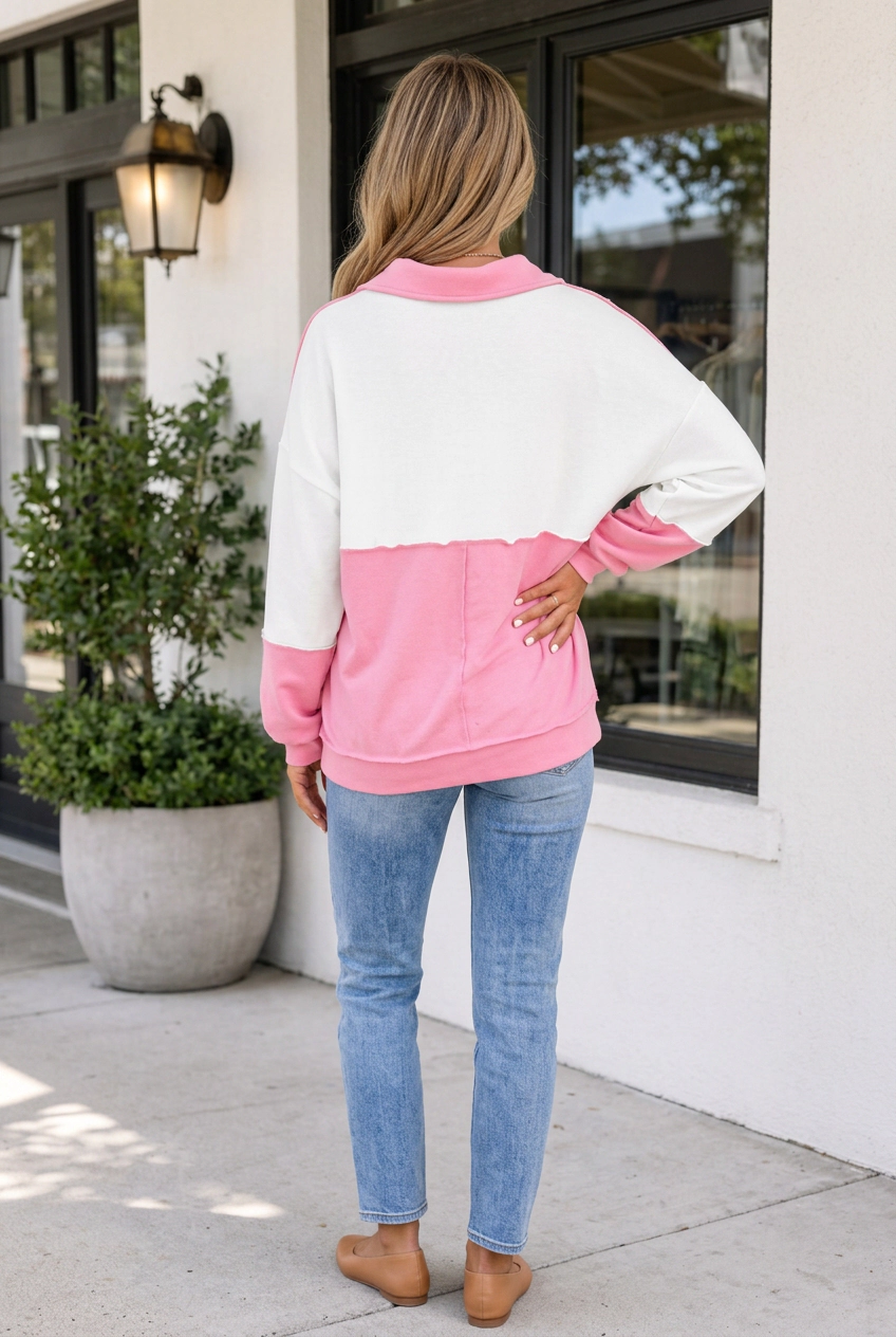 Threaded Pear Vanessa Trim Patchwork Collar Long Sleeve Top