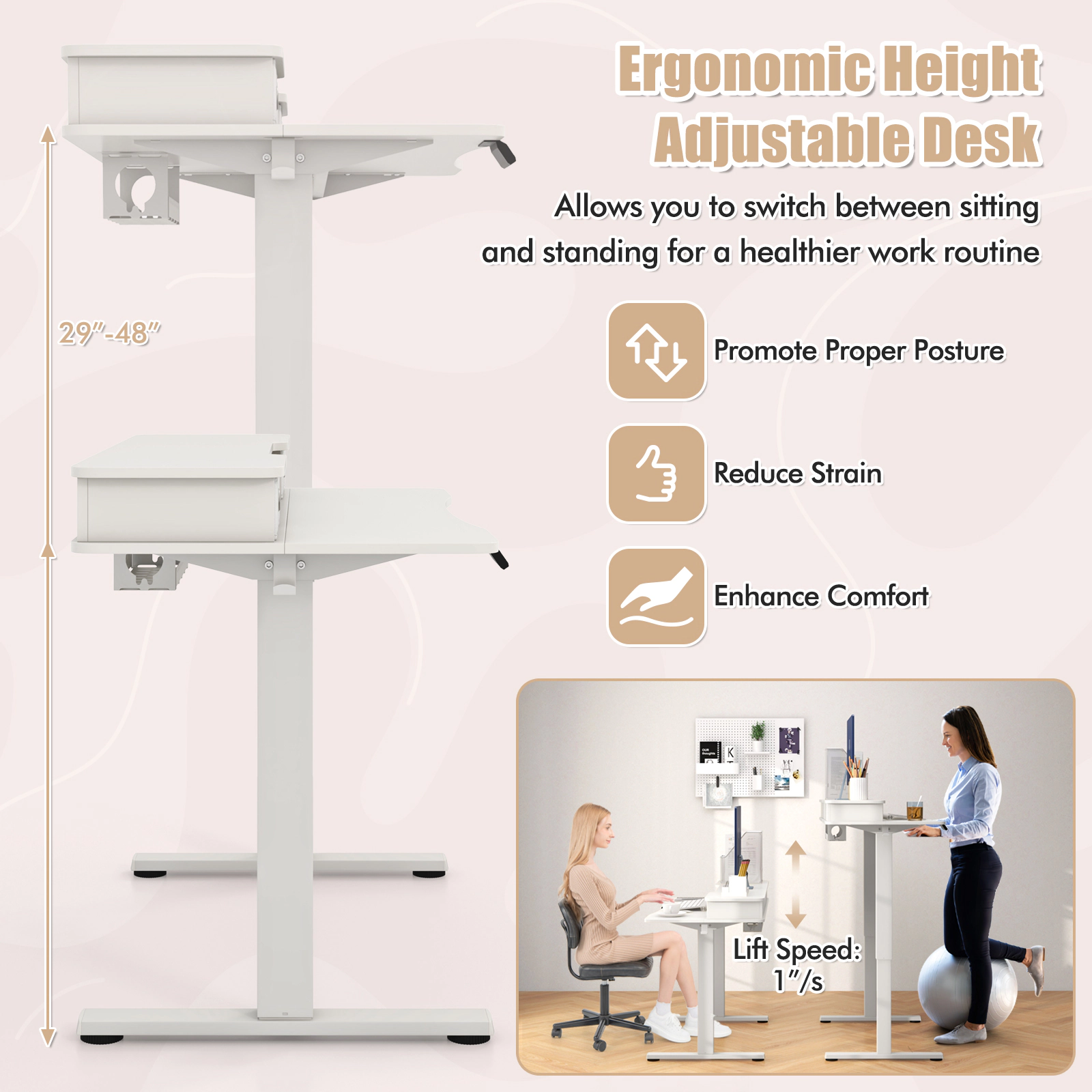 SUGIFT 48 x 24 in Height Adjustable Electric Standing Desk with Monitor Shelf and 2 Drawers 200-Lb Capacity White