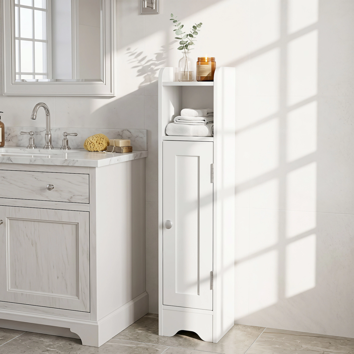 SUGIFT White 5-Tier 22-lb Shelf Capacity Corner Bathroom Storage Cabinet with Door and Raised Top Edge