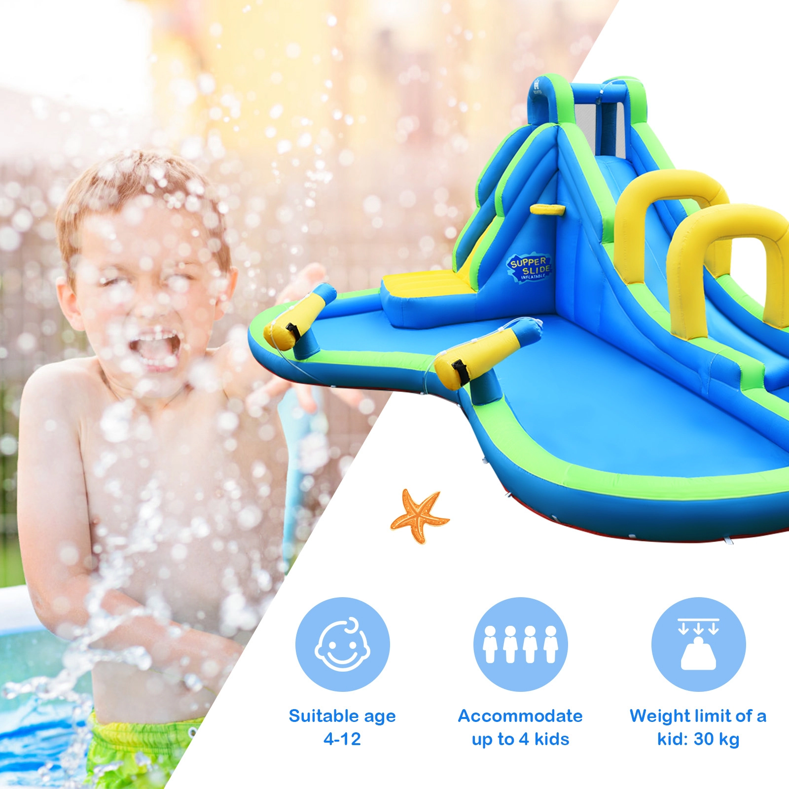 LJG Inflatable Water Slide Kids Bounce House with Water Cannons and Hose without Blower