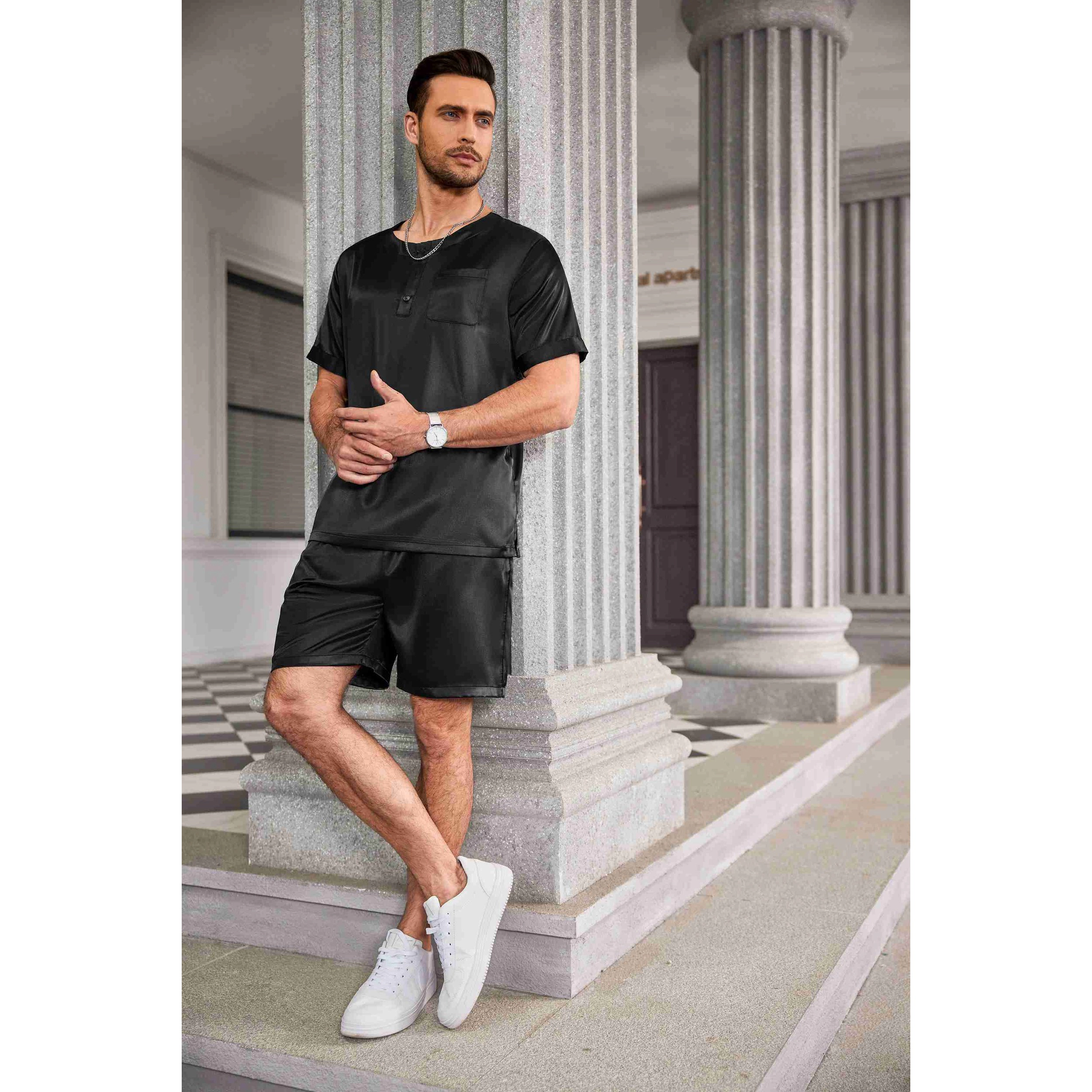 Ekouaer Men Pajamas Set 2 Piece Silk Sleepwear Shorts Button Down Tops Loungewear with Pockets