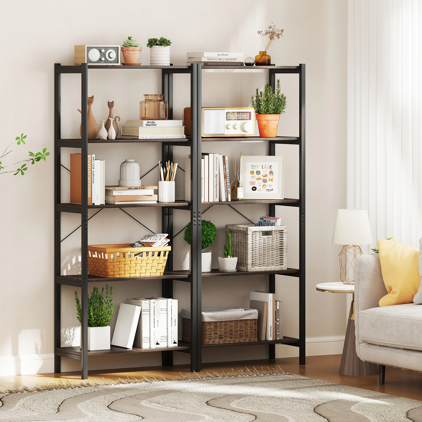 LJG 5-Tier Industrial Bookshelf Display Storage Rack with Metal Frame