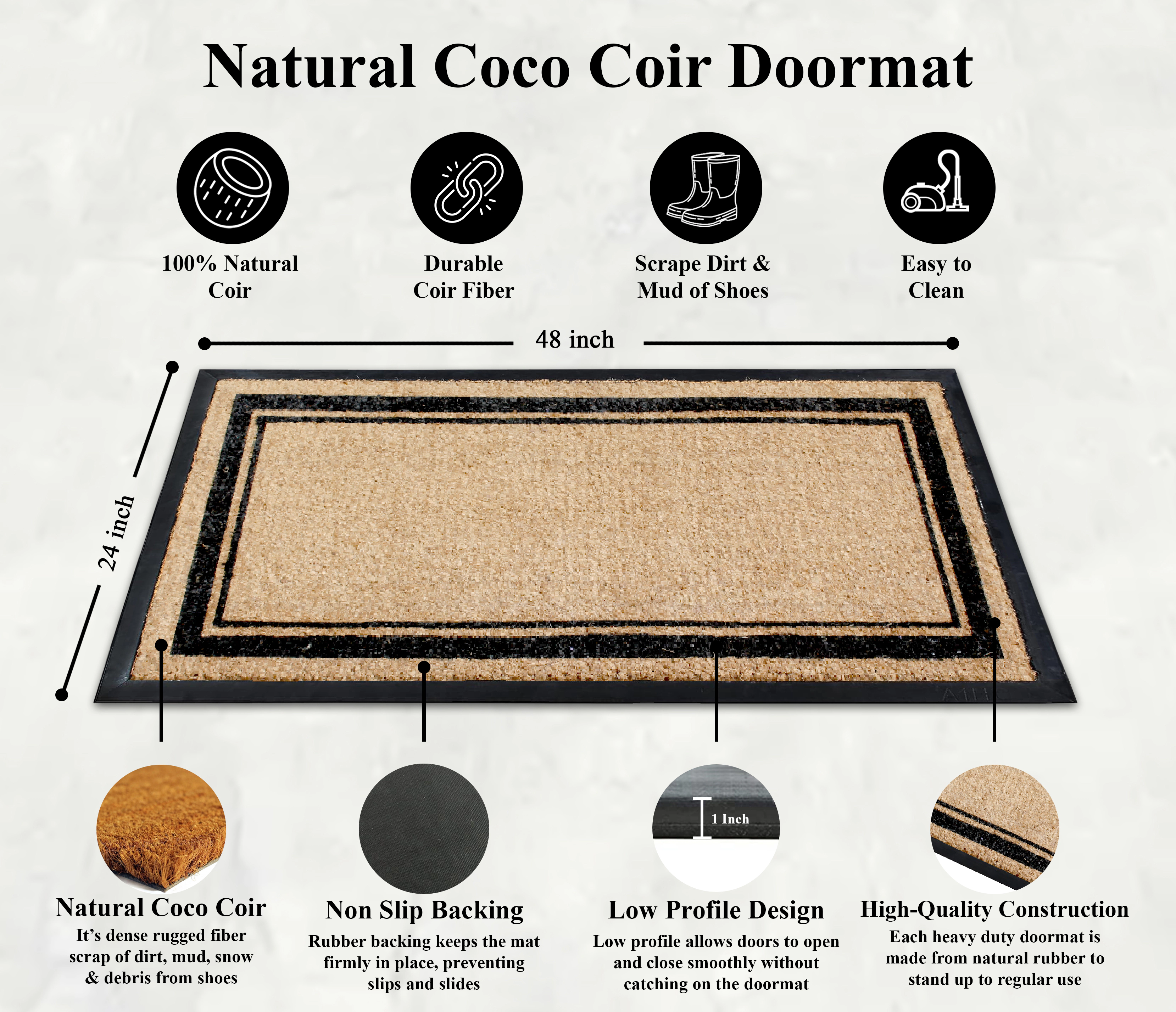 A1HC Coir and Rubber Door Mat 24x48 Inches Heavy Duty Non-Slip Durable Markham Classic Border