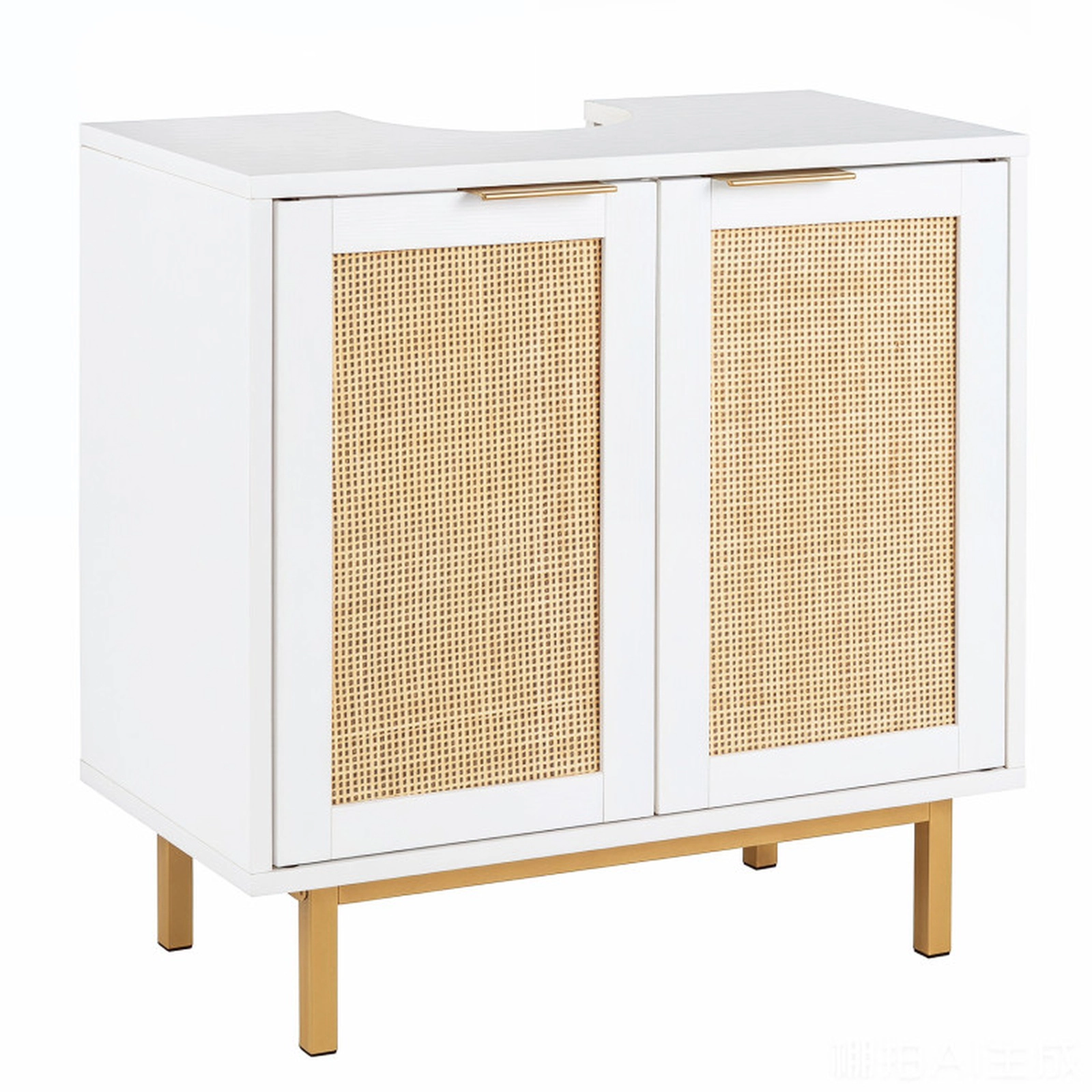 SUGIFT White 66-lb Capacity Rattan Door Bathroom Vanity Cabinet with U-Shaped Cut-Out and Metal Legs