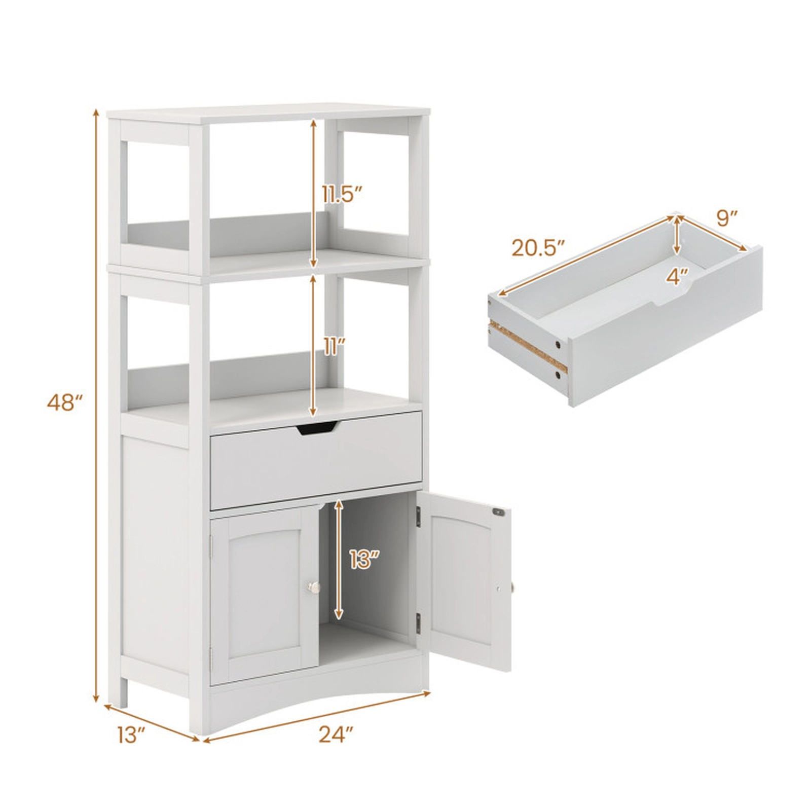 SUGIFT Bathroom Storage Cabinet with Open Shelves Drawer and Doors 110-lb Capacity Engineered Wood Black Gray White