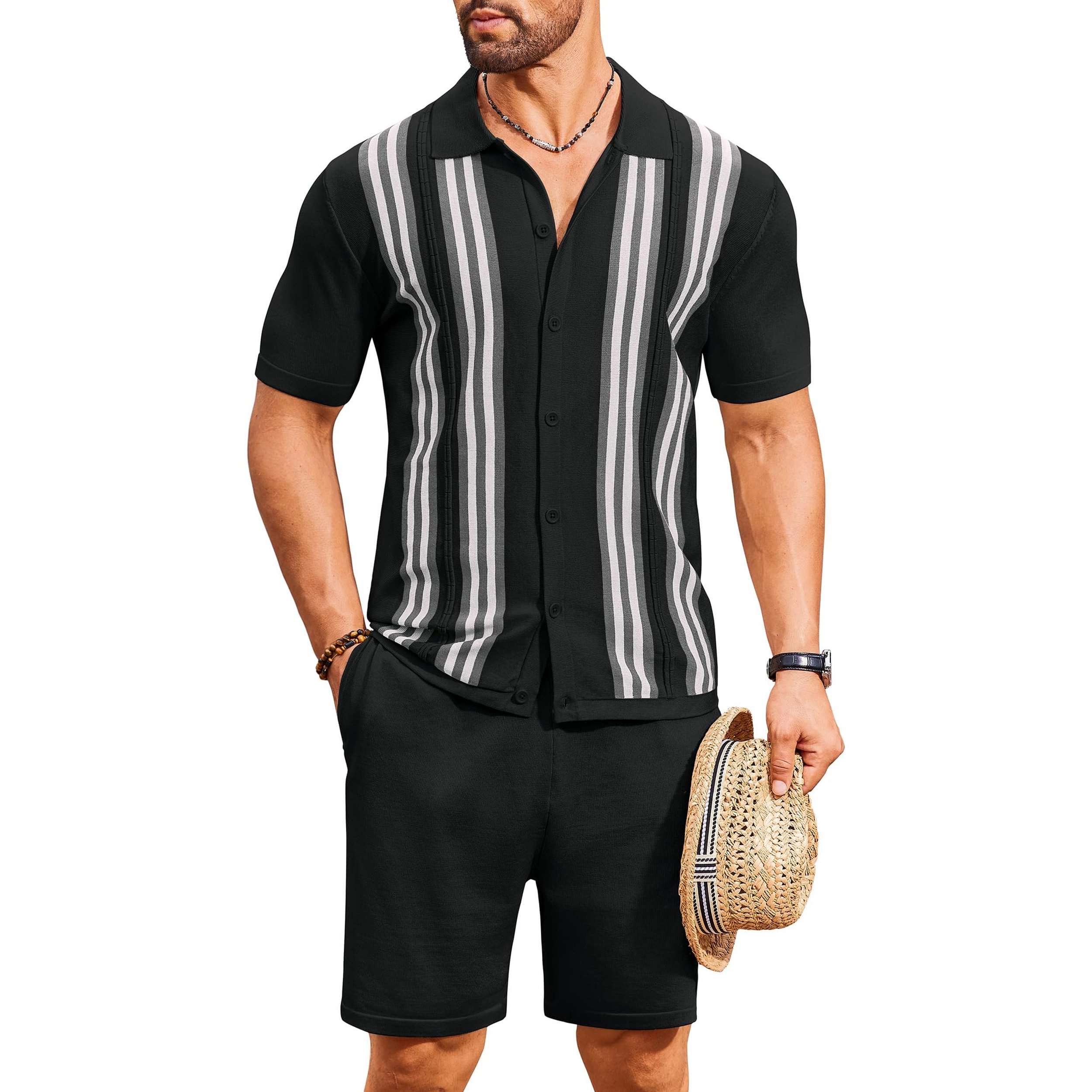 COOFANDY Men's Regular Fit Collar Neck Short Sleeve Shirt and Shorts Two Piece Set