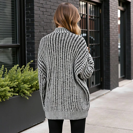Anna-Kaci Women's Striped Knit Cardigan with Button Front and Drop Shoulder Design