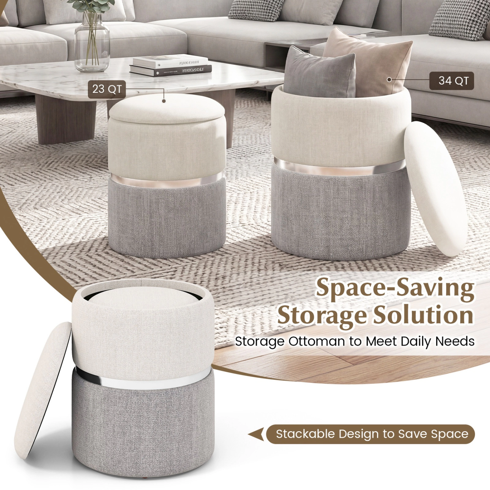 SUGIFT Set of 2 Gray Velvet Storage Ottoman Stools, 330-Lb Capacity, Reversible Lids