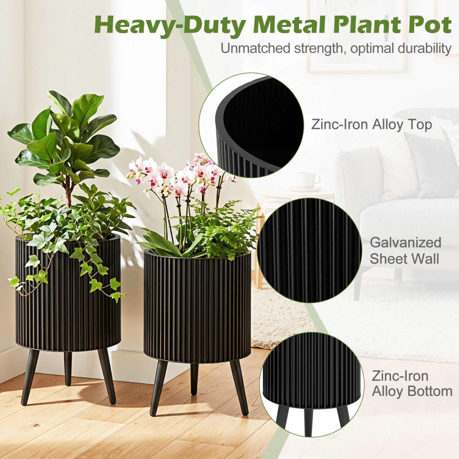 SUGIFT Set of 2 22-in Tall 110-lb Per-Pot Capacity Fluted Metal Flower Pots with Stand and 3 Drain Holes