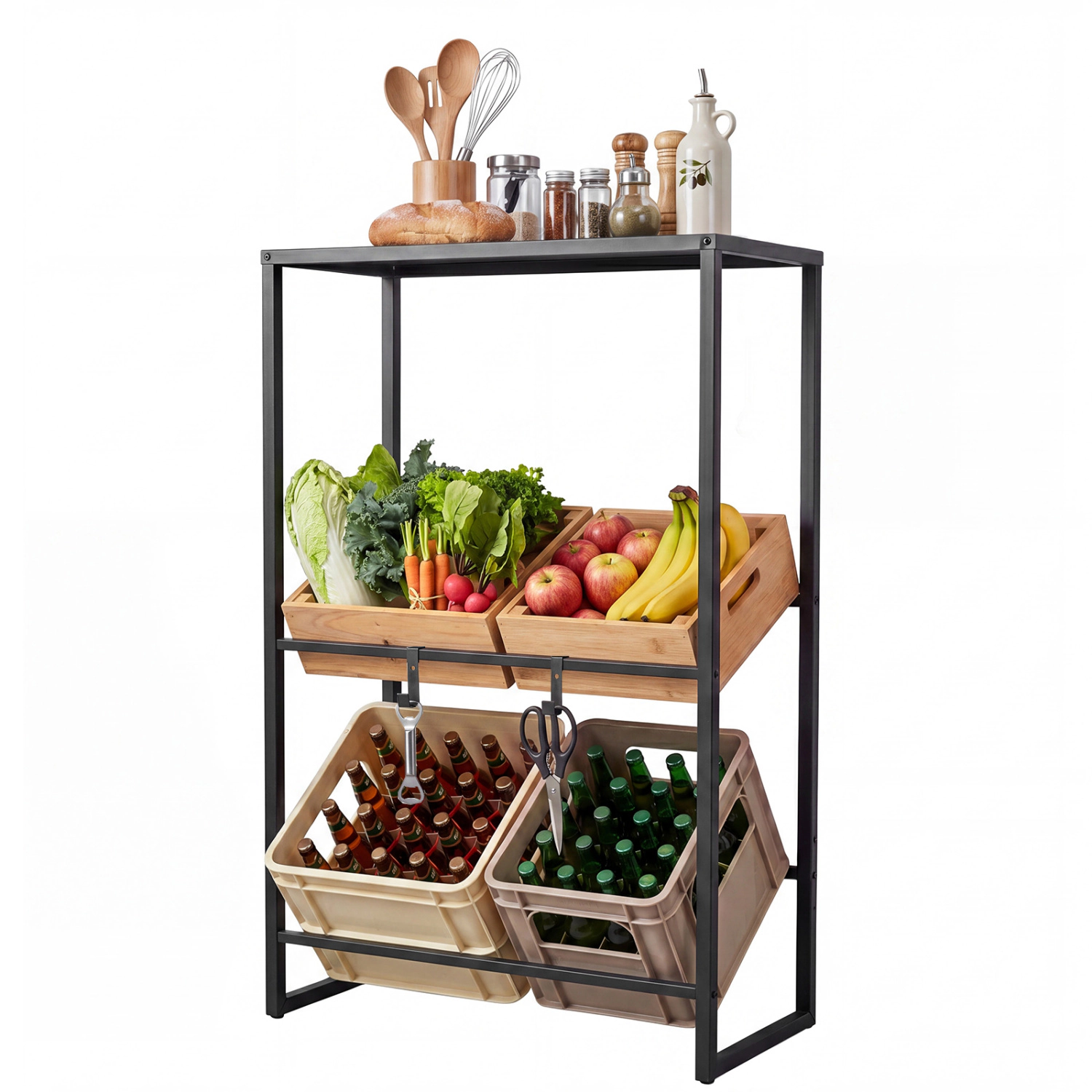 LJG 3-Tier Drink Crate Rack with Shelf for Beer and Water for Kitchen and Garage