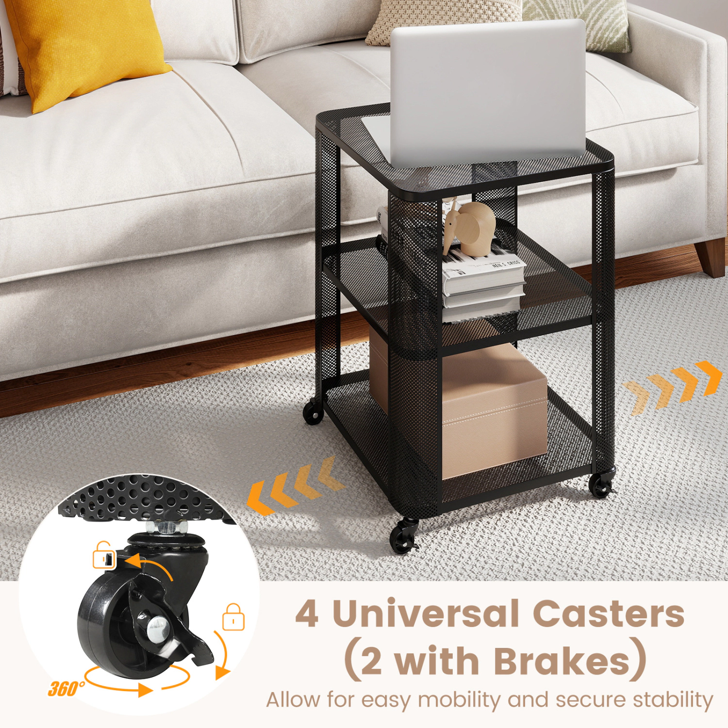 Glintex 2-Piece All-Metal 3-Tier Rolling Side Table Set with Mesh Shelves, Black