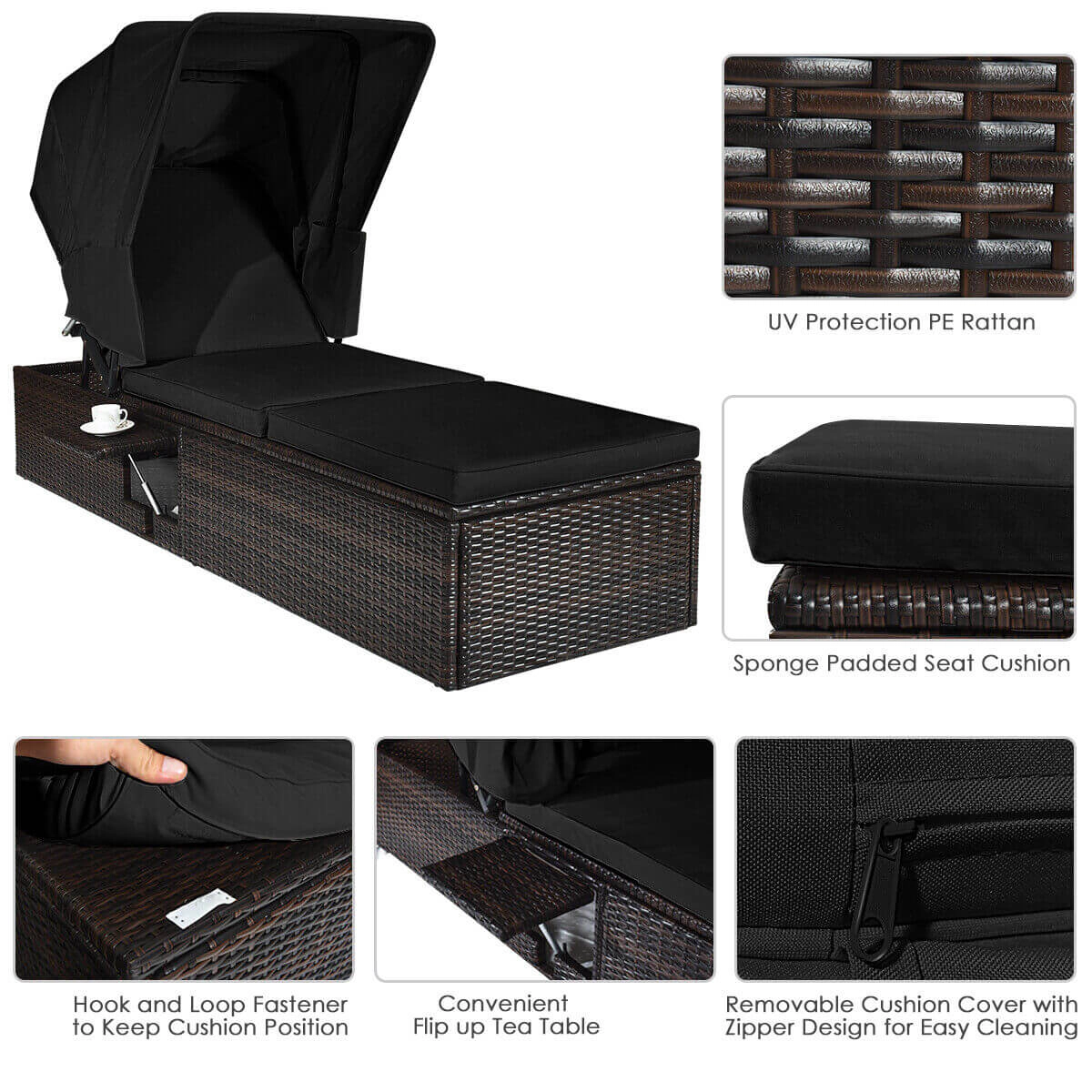 Hivvago Outdoor Adjustable Cushioned Chaise Lounge Chair with Folding Canopy