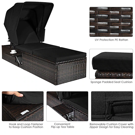 Hivvago Outdoor Adjustable Cushioned Chaise Lounge Chair with Folding Canopy